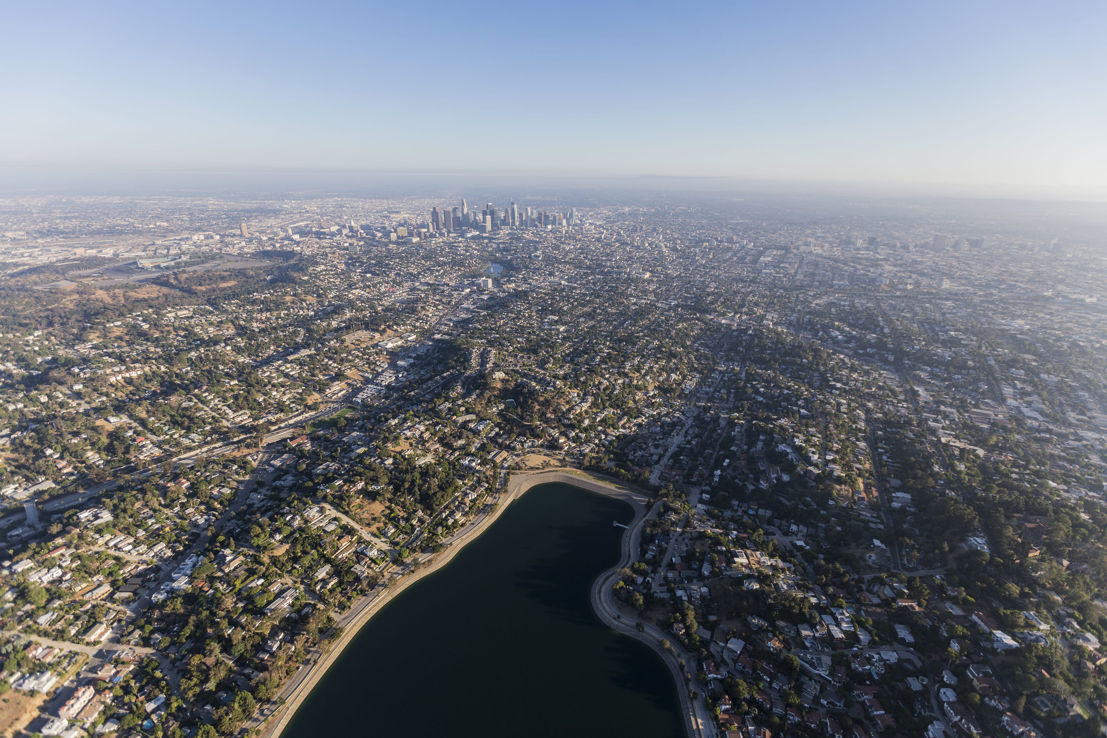 Aerial view of Silver Lake, Echo Park and downtown Los Angeles in Southern California. (Trekandshoot/Shutterstock)
