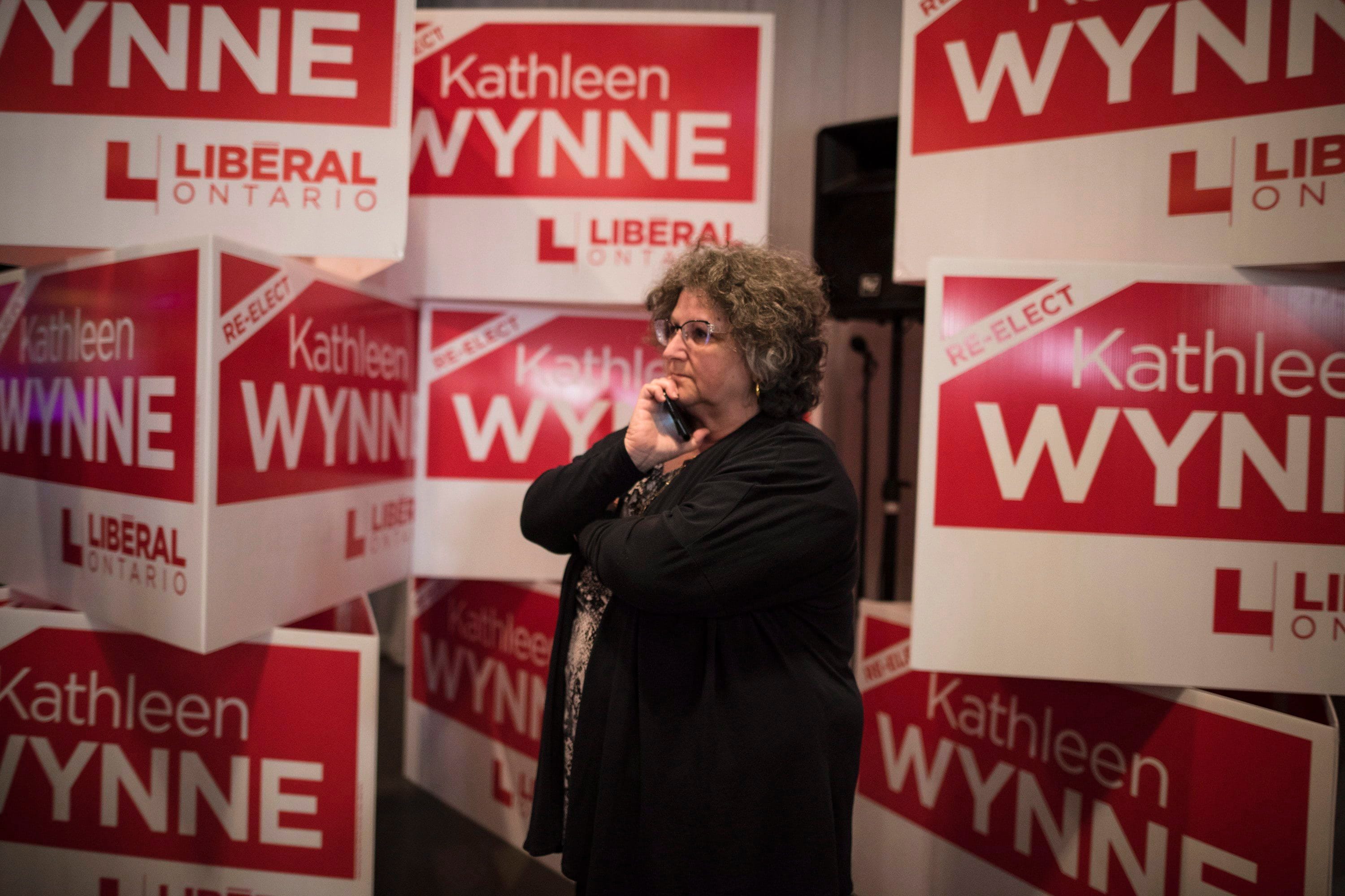 Shelley Laskin watches the poll results during the election night party at the Liberal campaign party at York Mills Gallery in Toronto on Thursday, June 7, 2018. (Tijana Martin/CP)