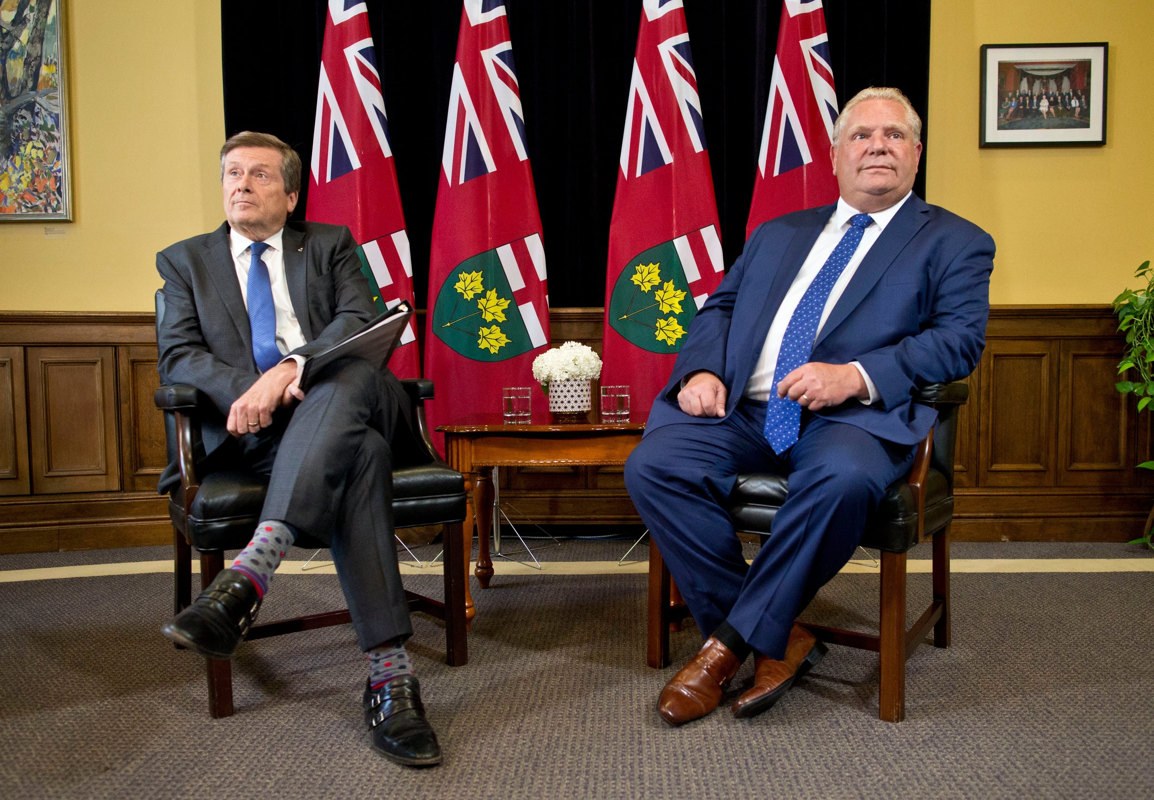 Premier Doug Ford meets with Toronto Mayor John Tory at his Queen's Park office Monday afternoon. (Lucas Oleniuk/Toronto Star/Getty Images)