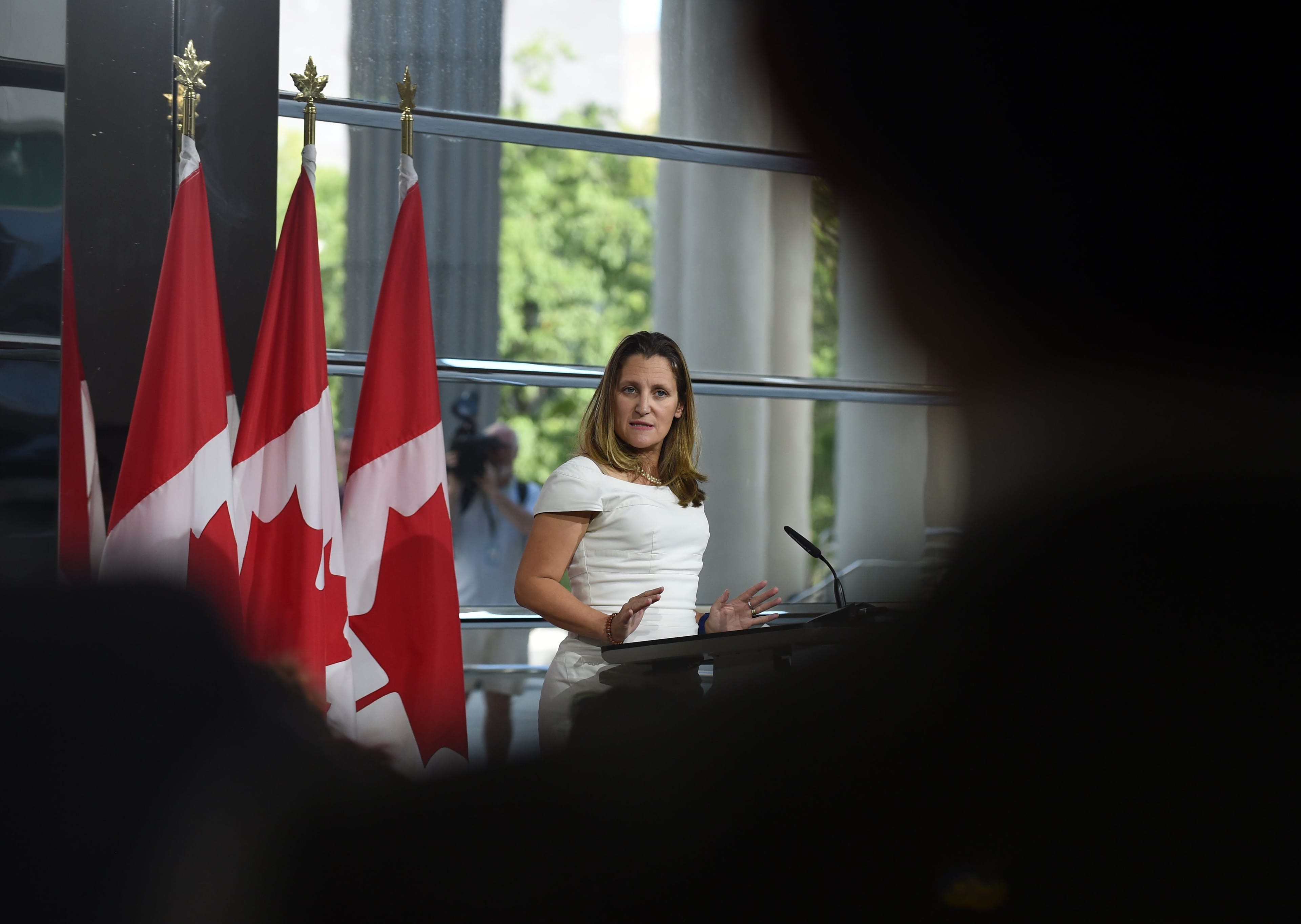 Canadian Foreign Minister Chrystia Freeland speaks at a press conference August 31, 2018 at the Embassy of Canada in Washington, DC. - A free trade deal that is good for all three nations in the North American Free Trade Agreement is within reach, but will require flexibility in negotiations, Canada's foreign minister said Friday. "We know that a win-win-win agreement is within reach," Chrystia Freeland told reporters after a week of talks in Washington to rewrite the 25-year-old NAFTA. (Photo by Eric BARADAT / AFP) (Photo credit should read ERIC BARADAT/AFP/Getty Images)