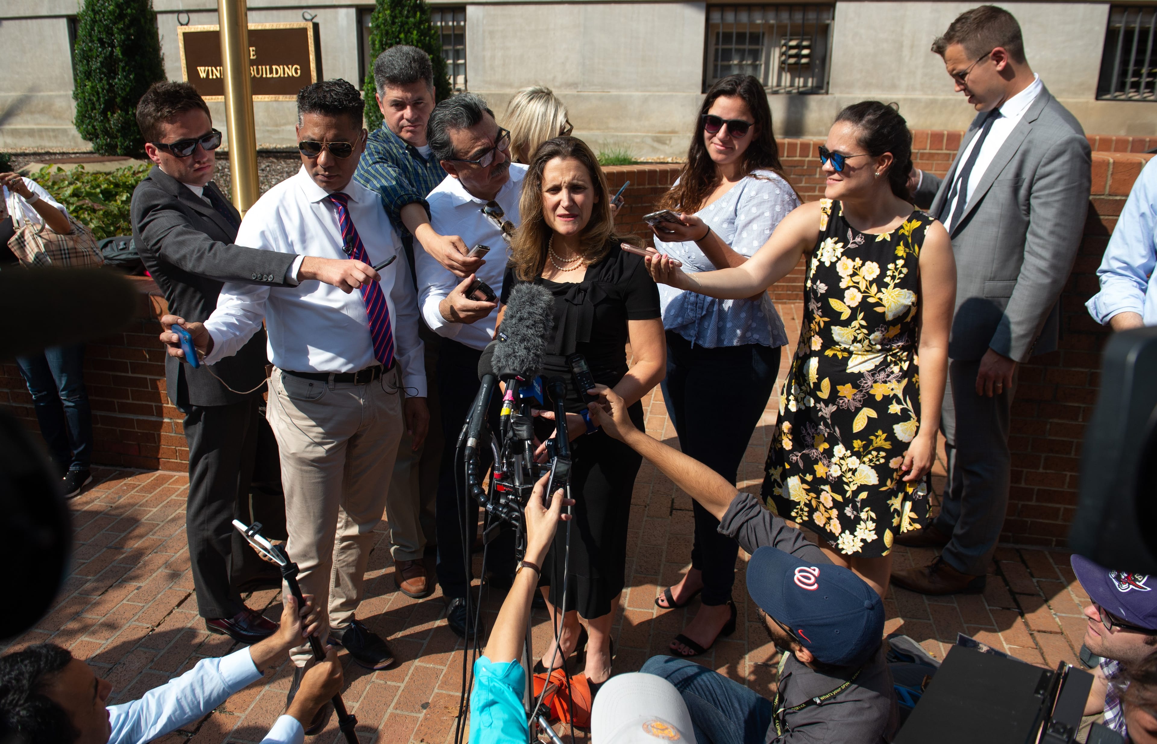 Canadian Foreign Minister Chrystia Freeland speaks with reporters as she arrives for a meeting at the US Trade Representative's office in Washington, DC, September 19, 2018. (SAUL LOEB/AFP/Getty Images)
