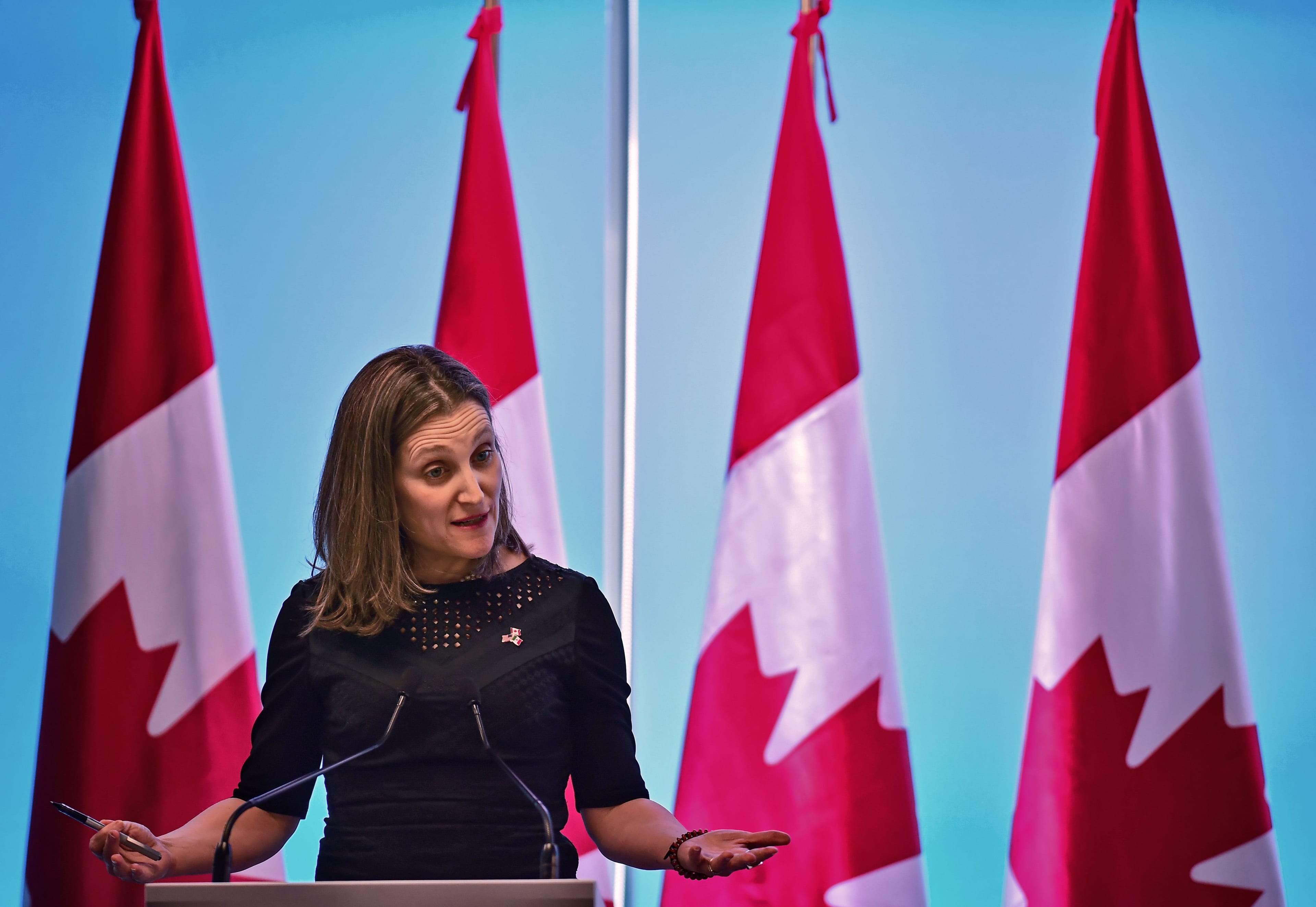 Chrystia Freeland speaks to the media during the seventh round of NAFTA (North American Free Trade Agreement) talks in Mexico City, on March 5, 2018. (RONALDO SCHEMIDT/AFP/Getty Images)