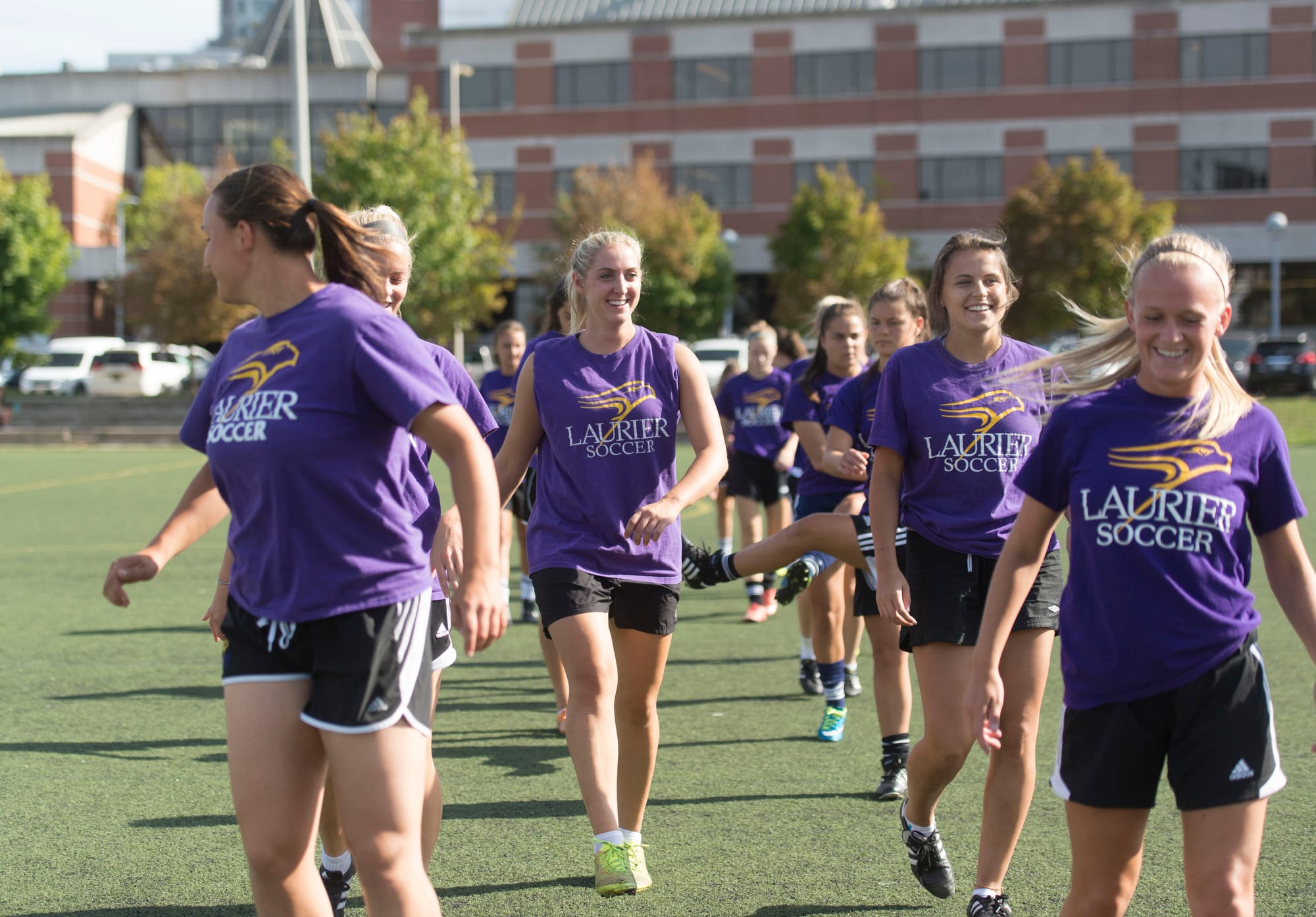 Women's soccer team practices at Wilfrid Laurier University in Waterloo, Ont. (Photograph by Hannah Yoon)