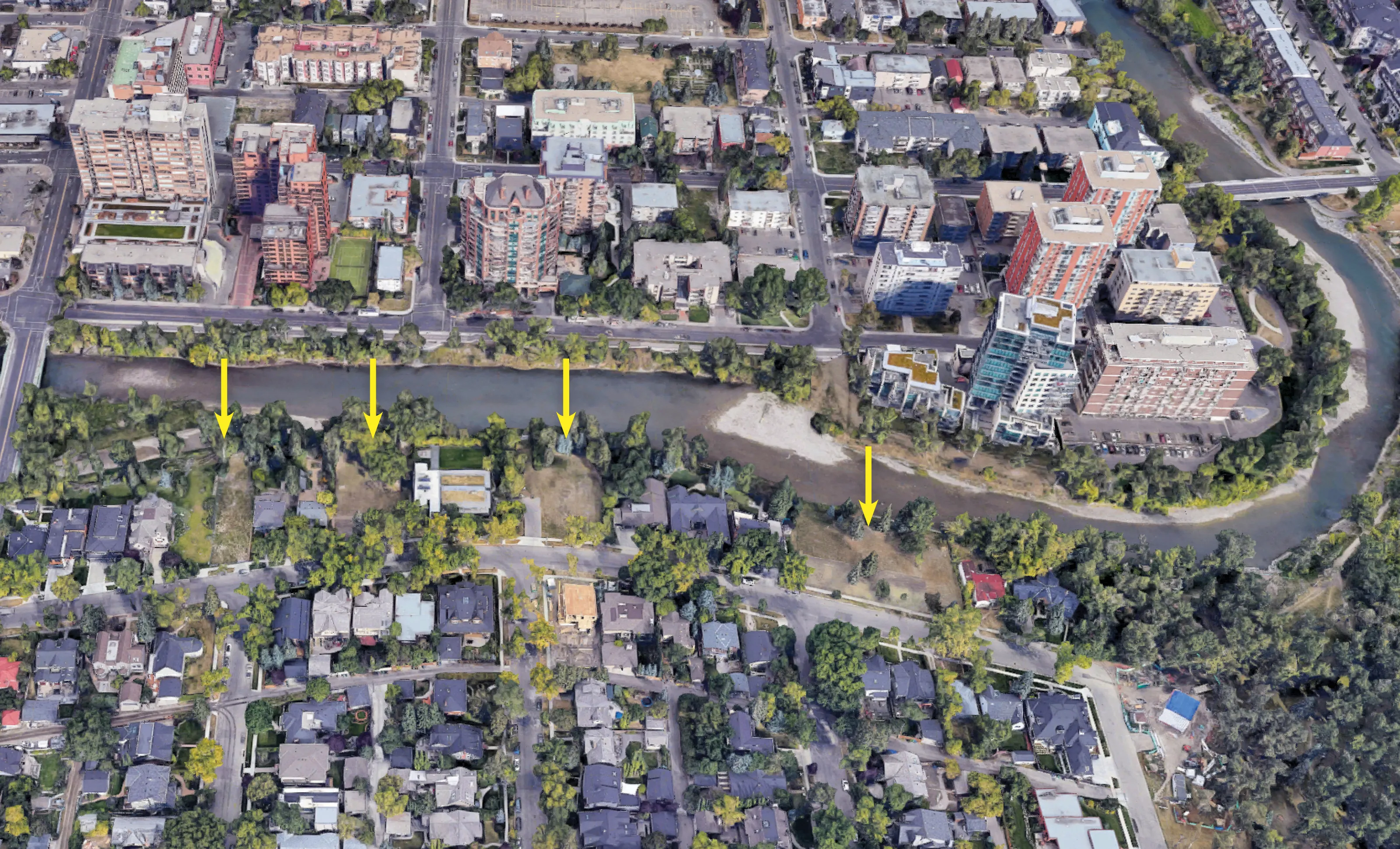 Albertans pay $50,000 a year to maintain these empty lots—and several others—in the floodway zone. (Google Maps)