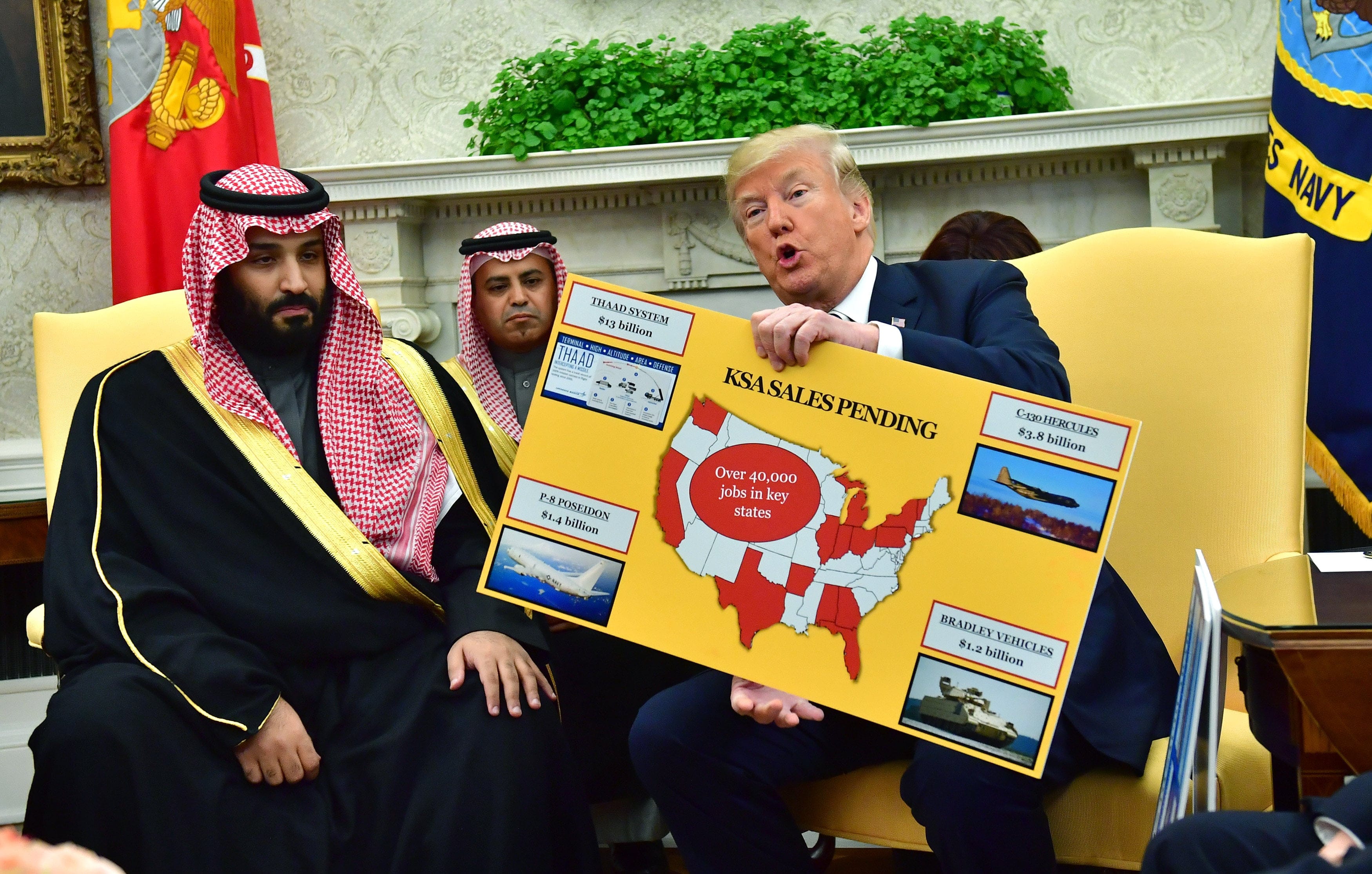 U.S. President Donald Trump holds up a chart of military hardware sales as he meets with bin Salman in the Oval Office (Photo by Kevin Dietsch-Pool/Getty Images)