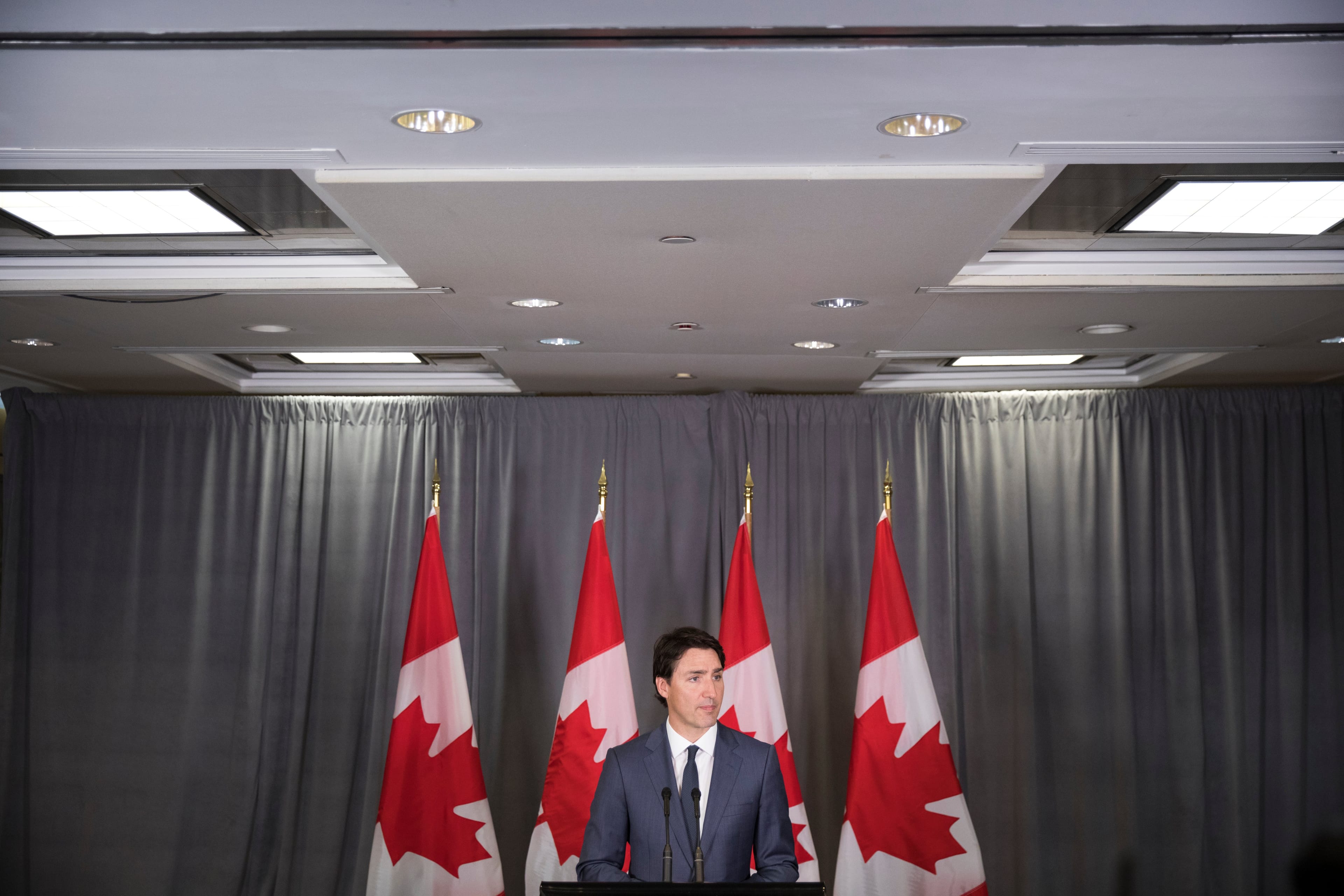 NEW YORK, NY - MAY 17: Canadian Prime Minister Justin Trudeau speaks during a news conference at the Canadian Consulate General, May 17, 2018 in New York City. Earlier in the day, speaking at the Economic Club of New York, Trudeau said the sticking points to renegotiating the North American Free Trade Agreement (NAFTA) is the United States' demand for a sunset clause and that the deal be renegotiated every five years. (Photo by Drew Angerer/Getty Images)
