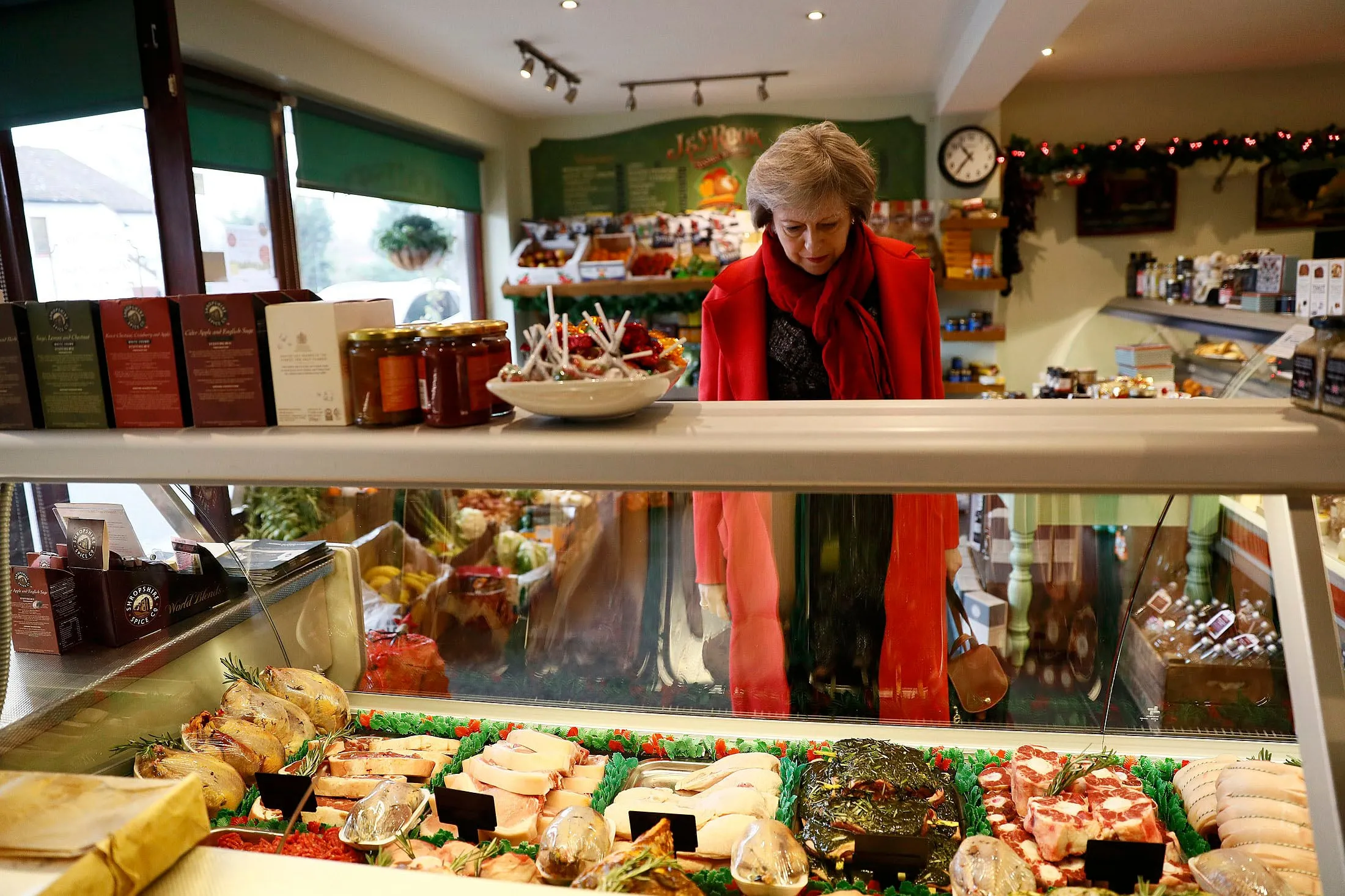 Britain's Prime Minister Theresa May visits a local butchers shop in her constituency on Dec. 2, 2016, in Maidenhead, England. (Stefan Wermuth/Getty Images)