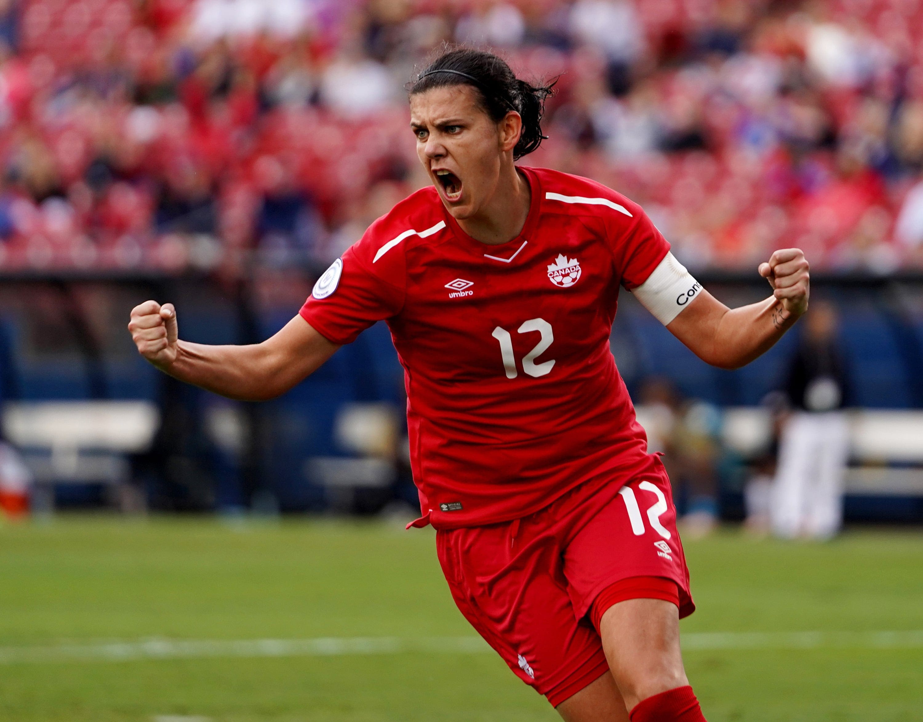 Christine Sinclair celebrates her goal during Concacaf Women's Championship Semi-Final match between Panama and Canada on Oct. 14, 2018 (Action Foto Sport/NurPhoto/Getty Images)