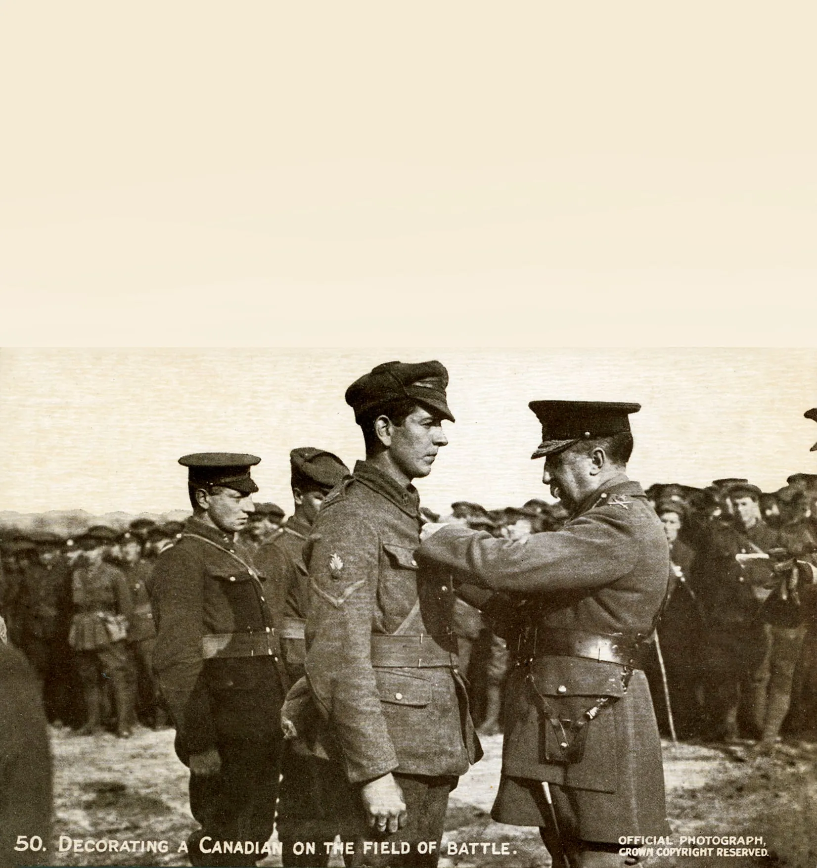 A Canadian soldier being decorated on the battle field, receiving the D.C.M. (Distinguised Conduct Medal). (Culture Club/Getty Images)