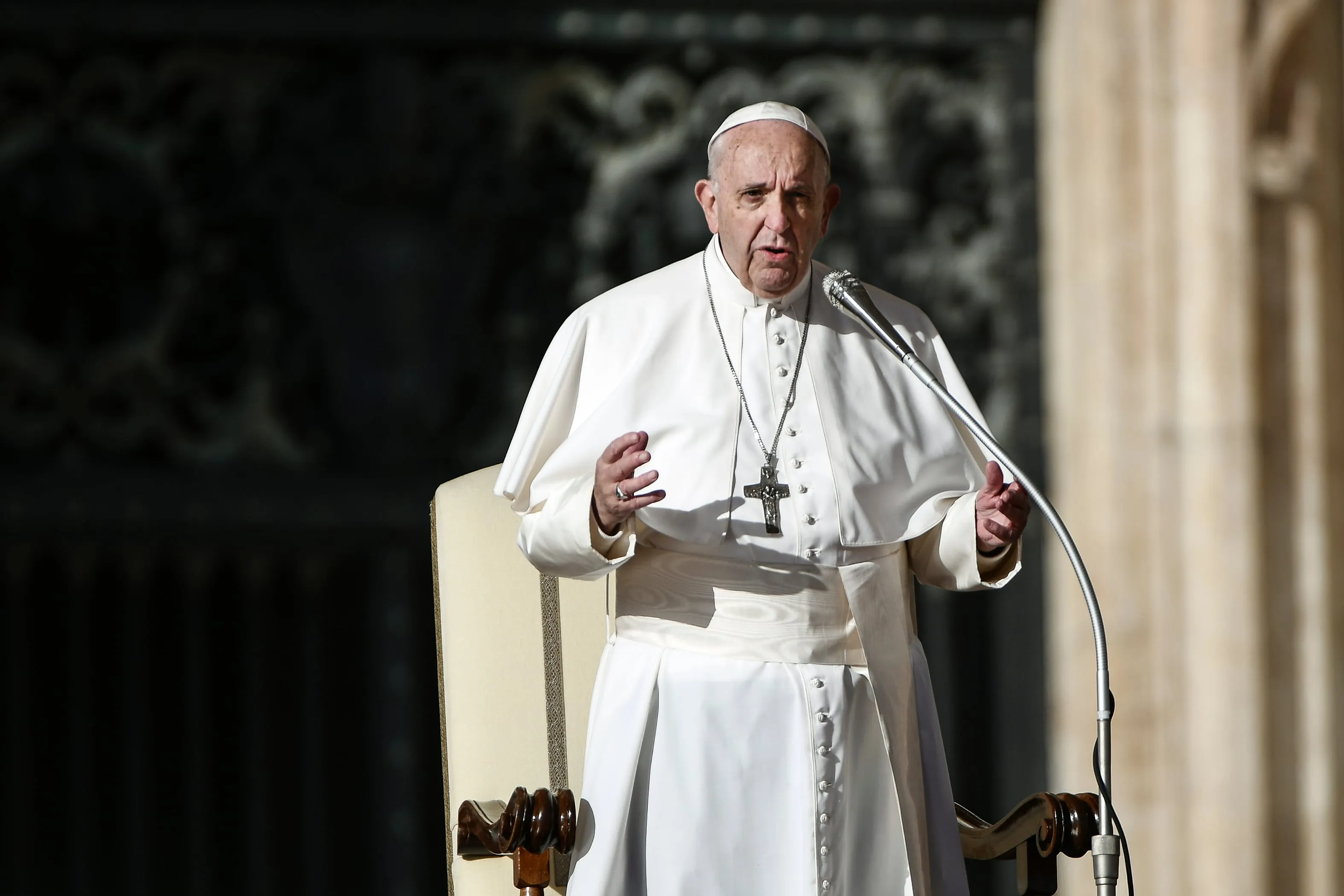 Pope Francis delivers his message to the faithful during the weekly general audience at St. Peter's square in the Vatican on November 21, 2018. (FILIPPO MONTEFORTE/AFP/Getty Images)