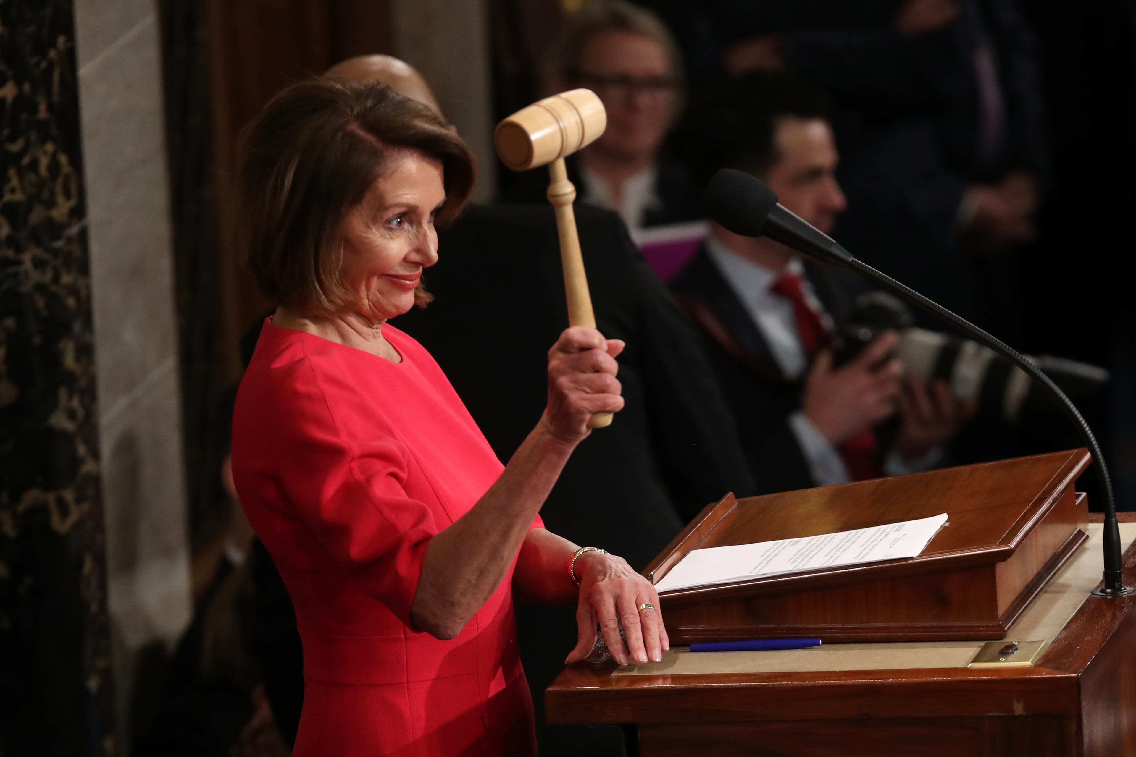 Pelosi, back as Speaker of the House, at the first session of the 116th Congress (Photo by Win McNamee/Getty Images)