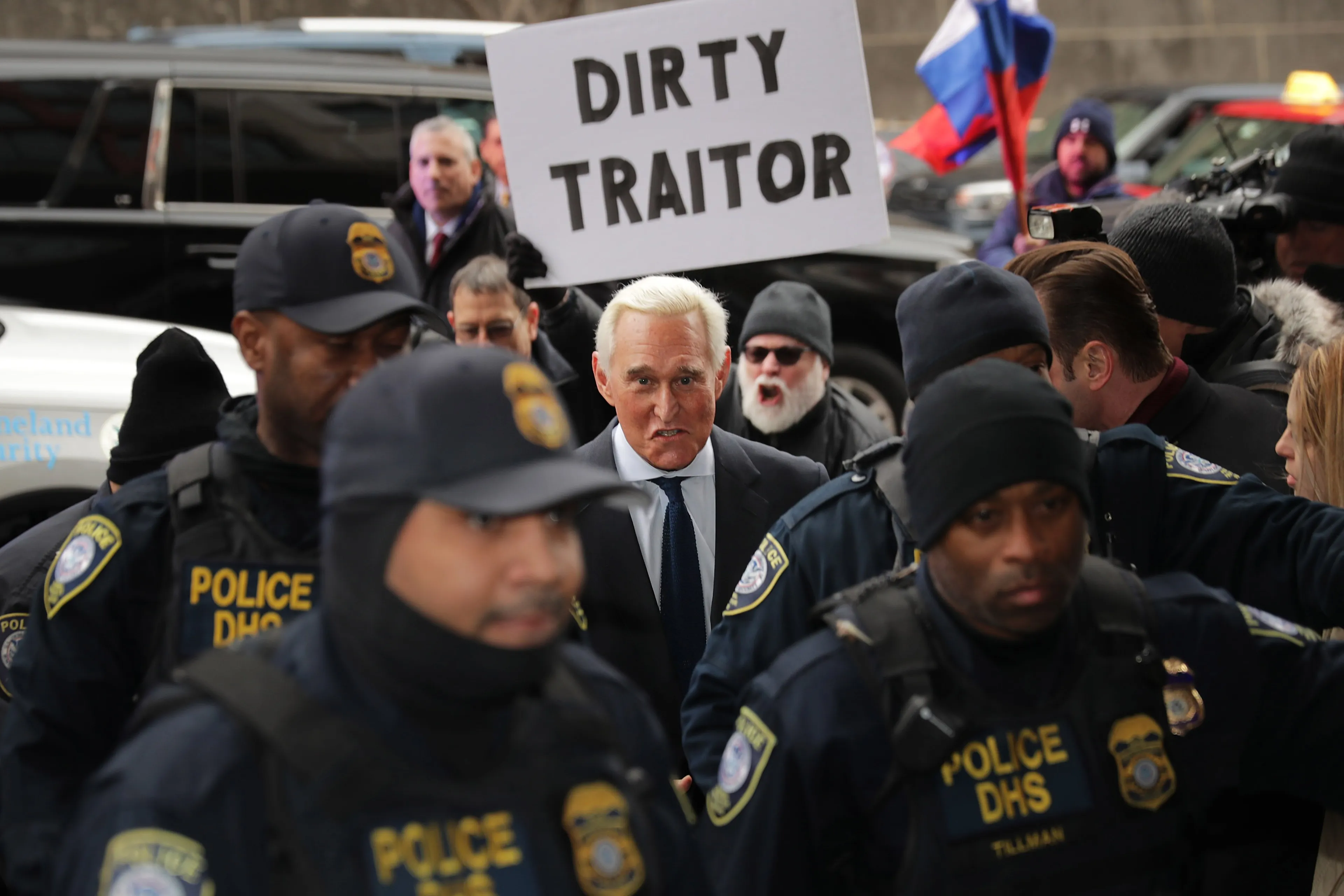 Roger Stone, a longtime adviser to Trump, arrives at the Prettyman United States Courthouse on Jan. 29, 2019 in Washington, DC. (Chip Somodevilla/Getty Images)