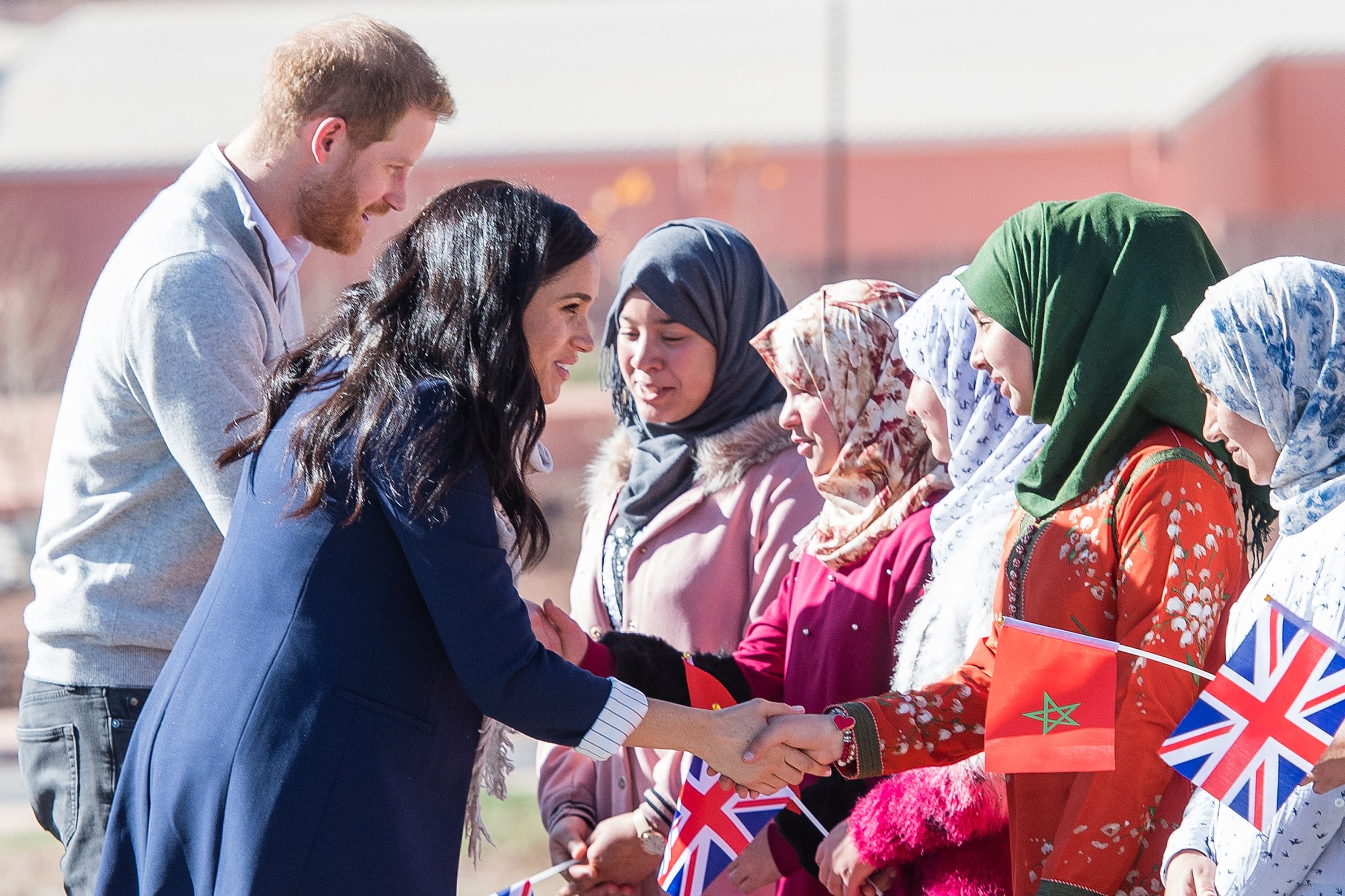 Prince Harry, Duke of Sussex and Meghan, Duchess of Sussex are welcomed at a boarding house for girls ages 12 to 18 by the Moroccan NGO 'Education For All' on February 24, 2019 in Asni, Morocco. (Photo by Samir Hussein/WireImage)
