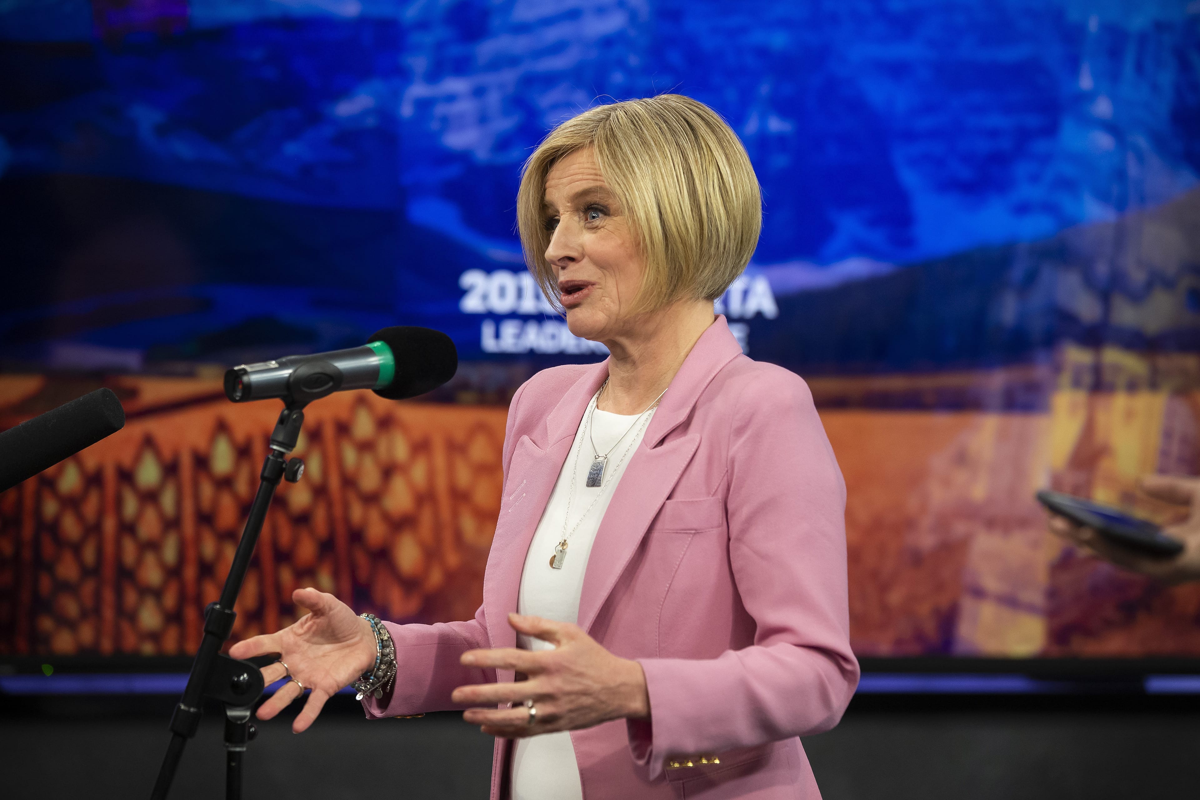 Alberta NDP leader and incumbent premier Rachel Notley speaks to the press after the 2019 Alberta Leaders Debate in Edmonton, Alta., on Thursday, April 4, 2019. THE CANADIAN PRESS/Codie McLachlan