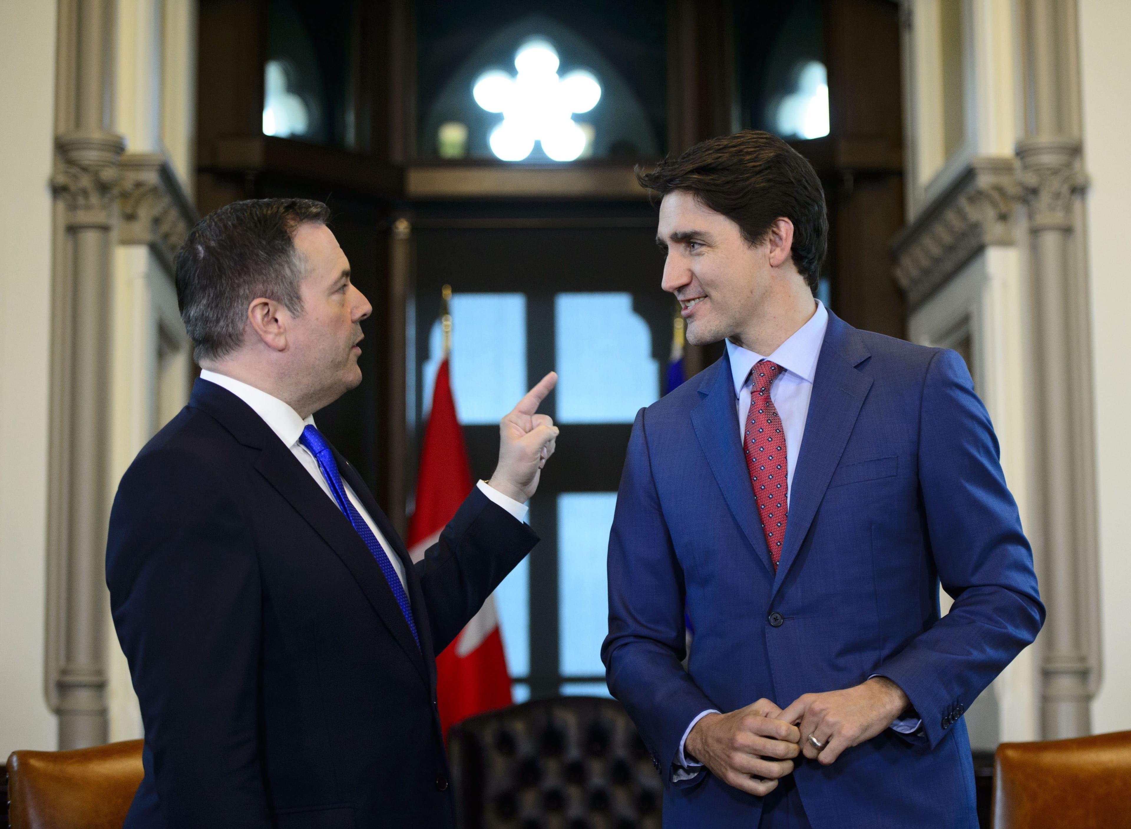 Prime Minister Justin Trudeau meets with Alberta Premier Jason Kenney in his office on Parliament Hill in Ottawa on May 2, 2019. (Sean Kilpatrick/CP)