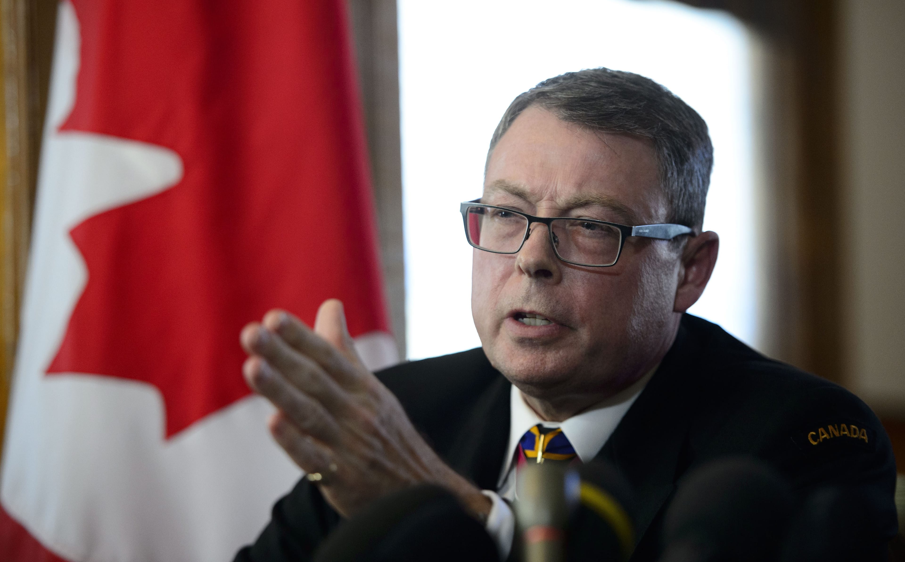 Vice Admiral Mark Norman reacts during a press conference in Ottawa on Wednesday, May 8, 2019. The charges against Norman were dropped. (Sean Kilpatrick/CP)