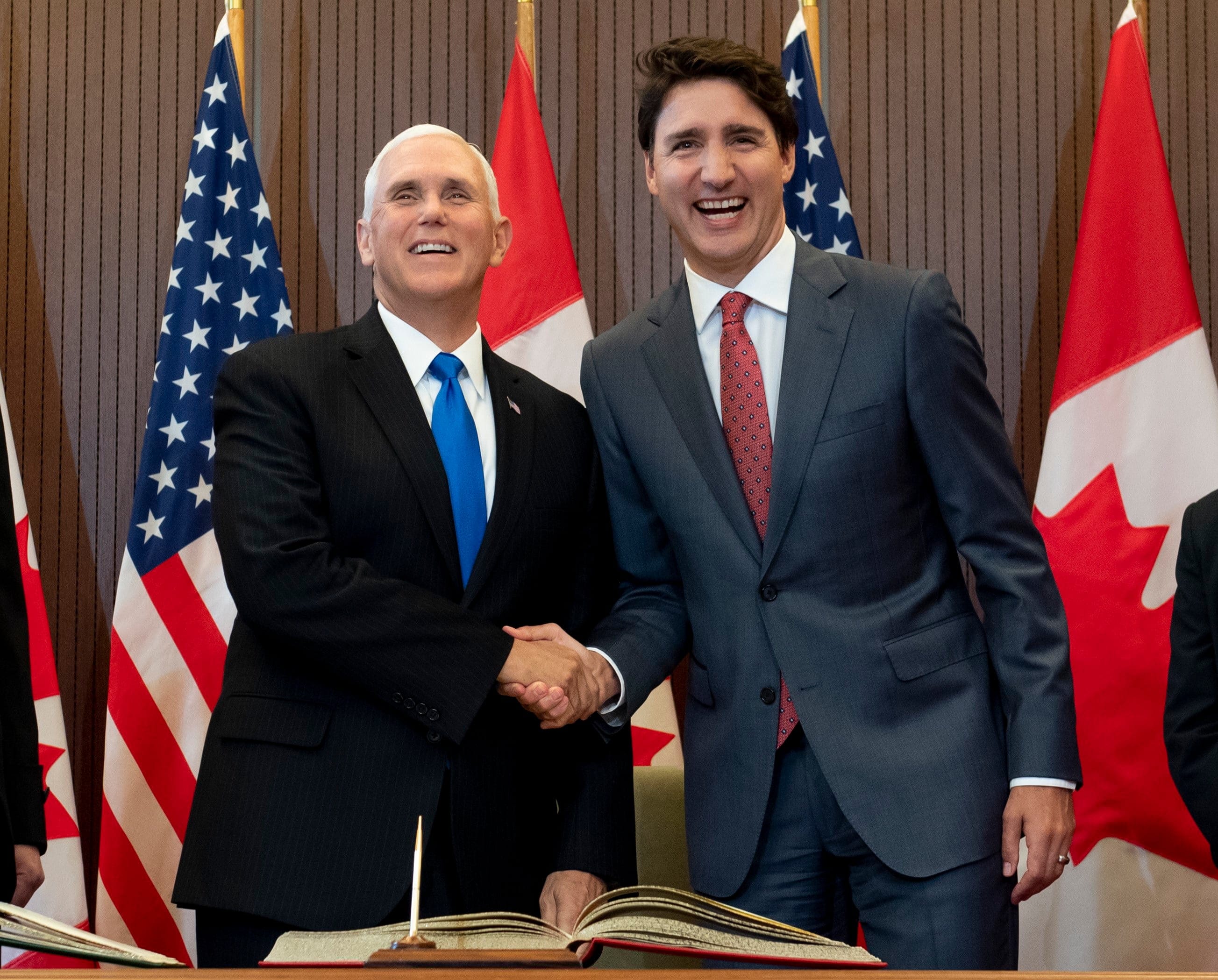 Prime Minister Justin Trudeau and U.S. Vice-President Mike Pence participate in a welcoming ceremony in West Block on Parliament Hill during a visit in Ottawa on Thursday, May 30, 2019. (Justin Tang/CP)