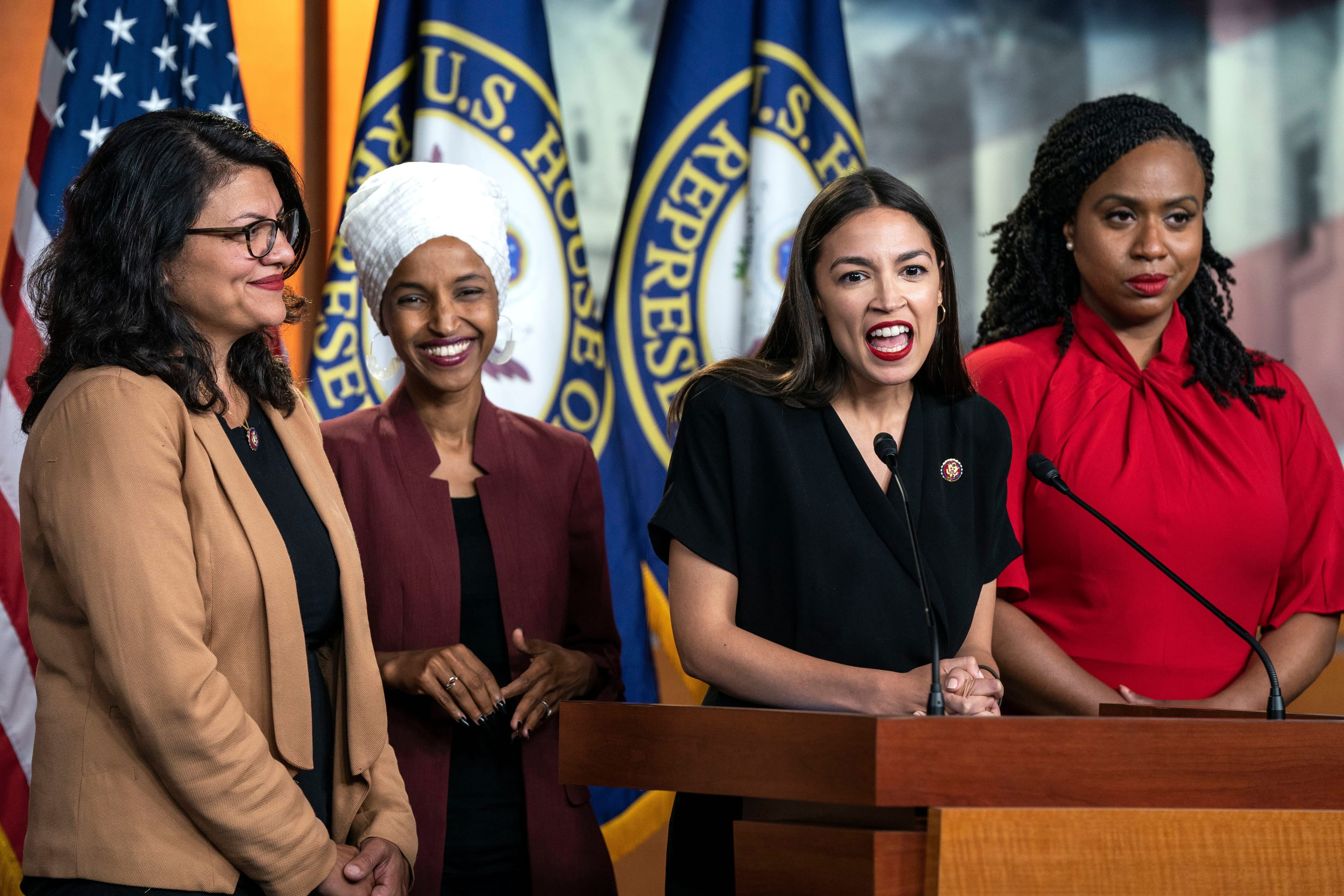 (from left) Democratic Representatives Tlaib, Omar, Ocasio-Cortez and Pressley speak about Trump's Twitter attacks against them in the U.S. Capitol on July 15, 2019 (Jim Lo Scalzo/EPA-EFE/Shutterstock)