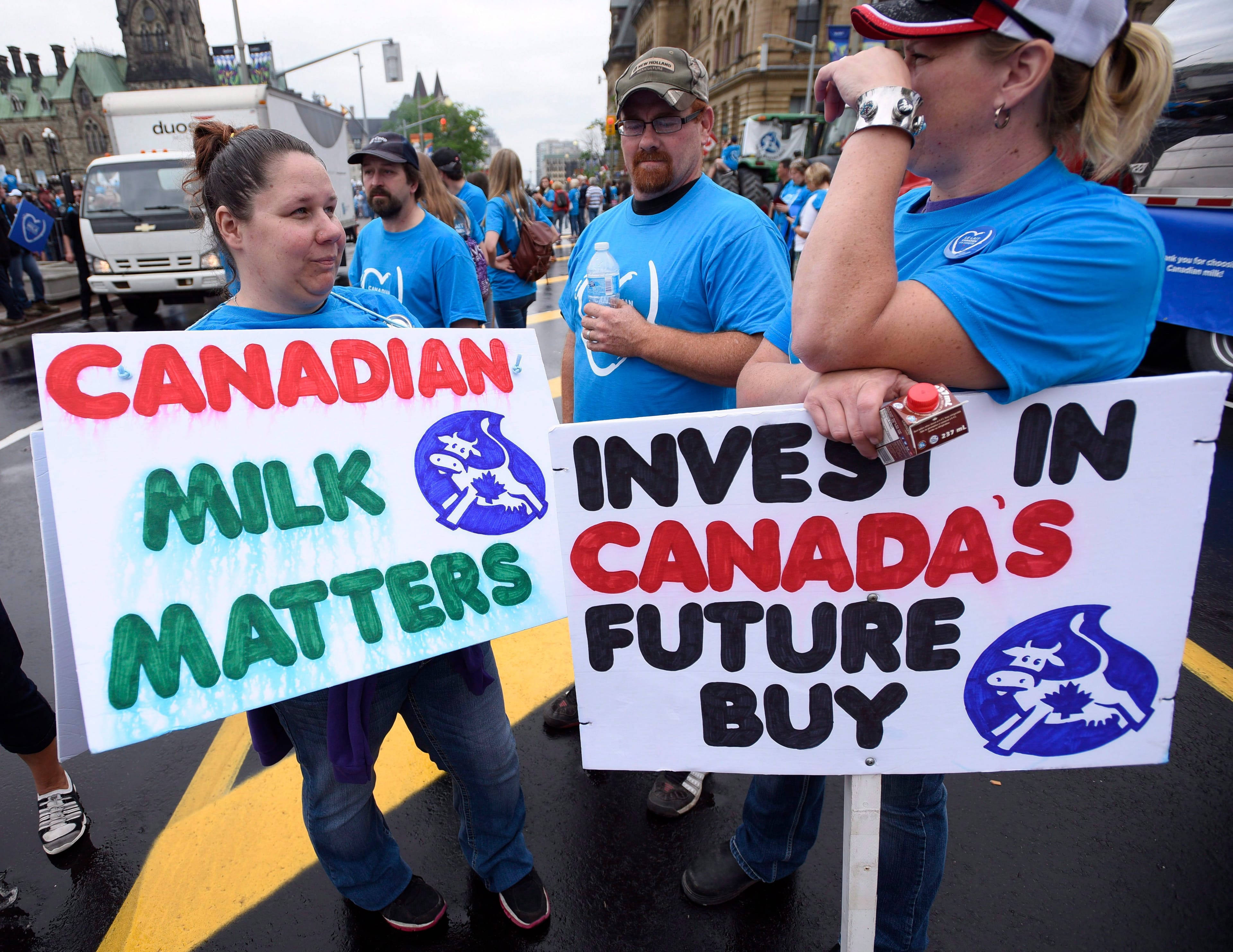 Dairy farmers protest on Parliament Hill on Thursday, June 2, 2016 in Ottawa. (CP/Justin Tang)