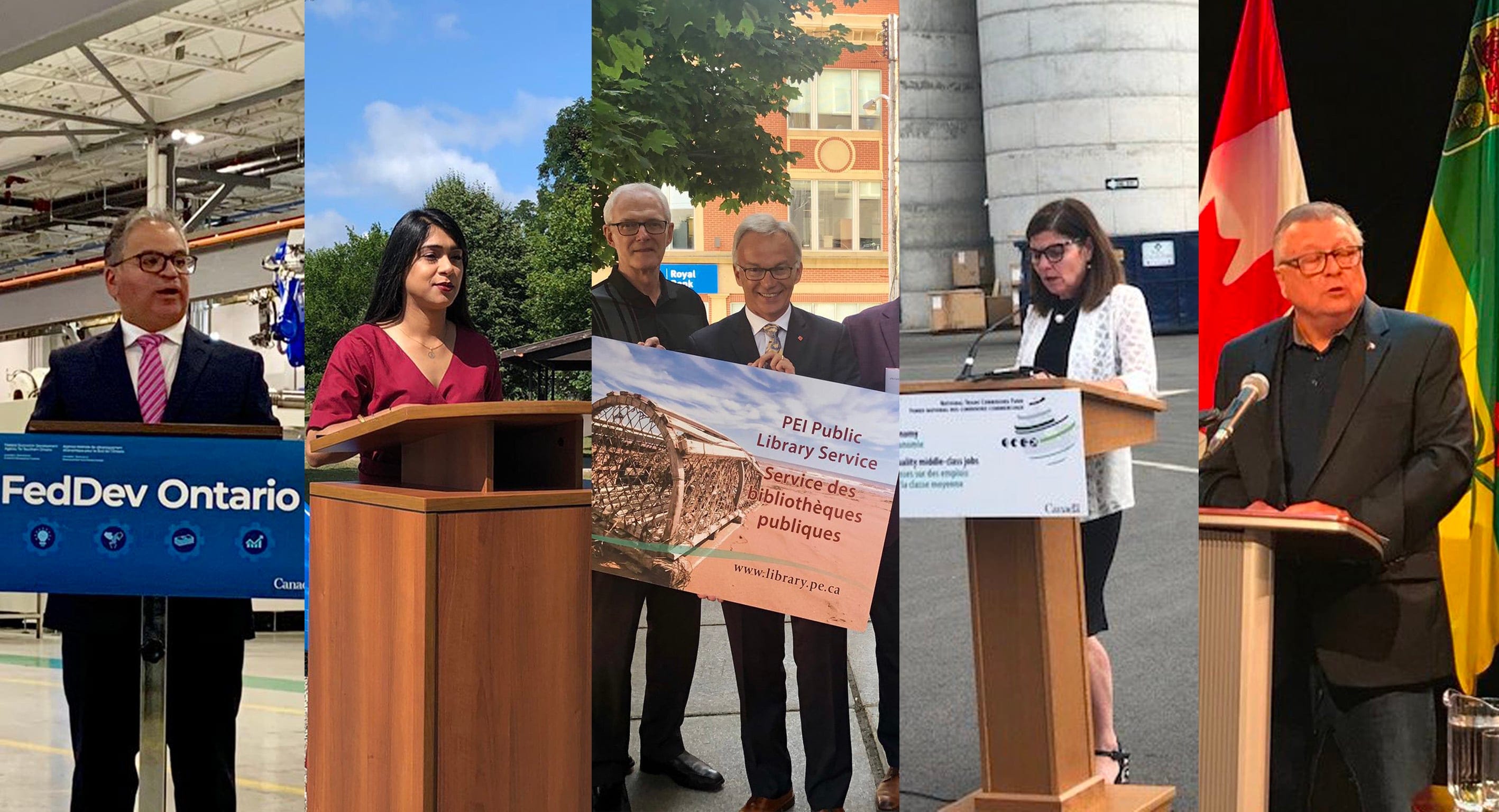 (L-R): Francesco Sorbara, Bardish Chagger, Sean Casey, Filomena Tassi and Ralph Goodale at their respective funding announcements. (@fsorbara;@BardishKW;@SeanCaseyLPC;FilomenaTassiMP;@RalphGoodale/Twitter)