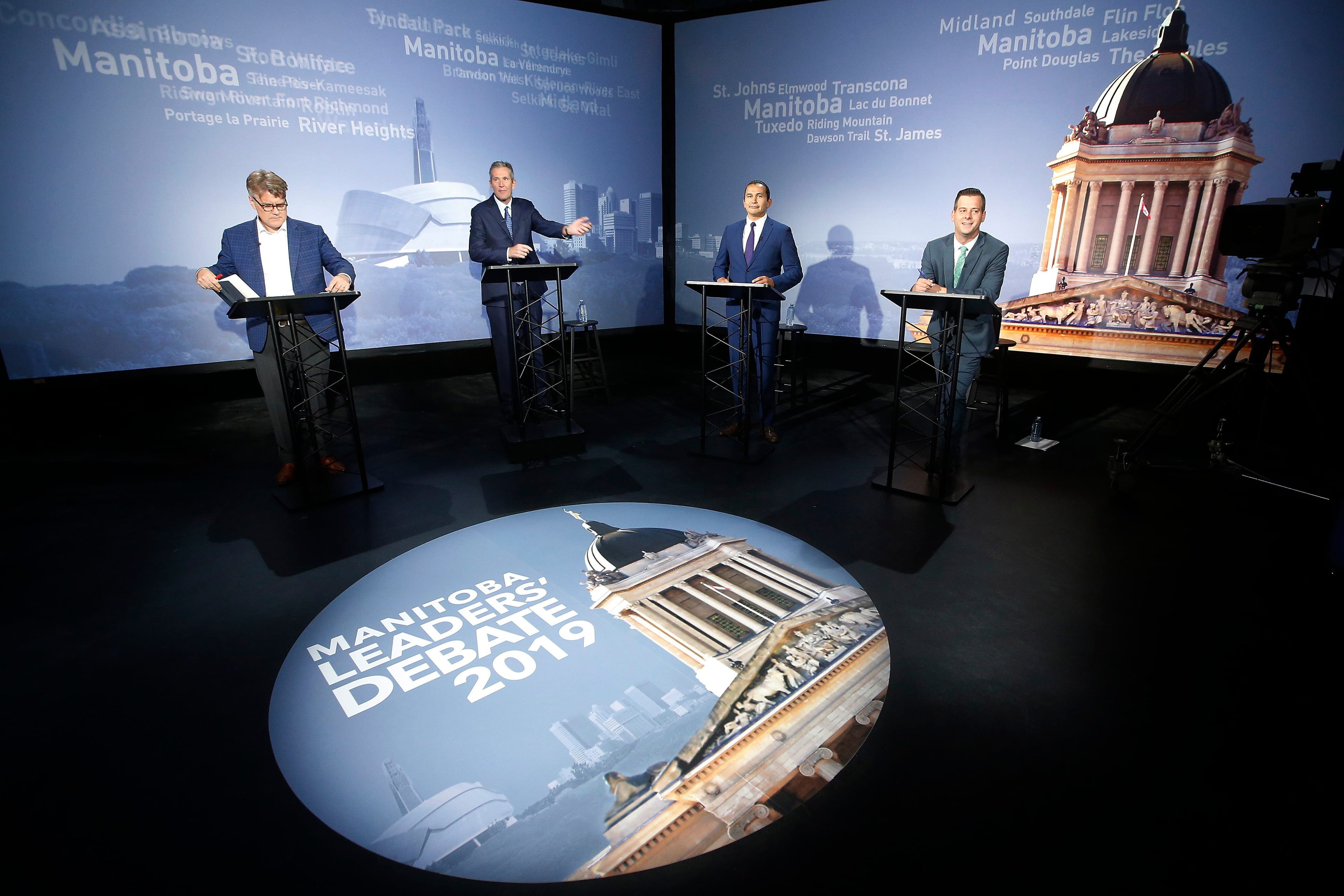 Left to right: Liberal Party of Manitoba leader Dougald Lamont; PC Leader Brian Pallister; NDP Leader Wab Kinew and Green Party Leader James Beddome prepare for a leaders' debate (John Woods/CP)