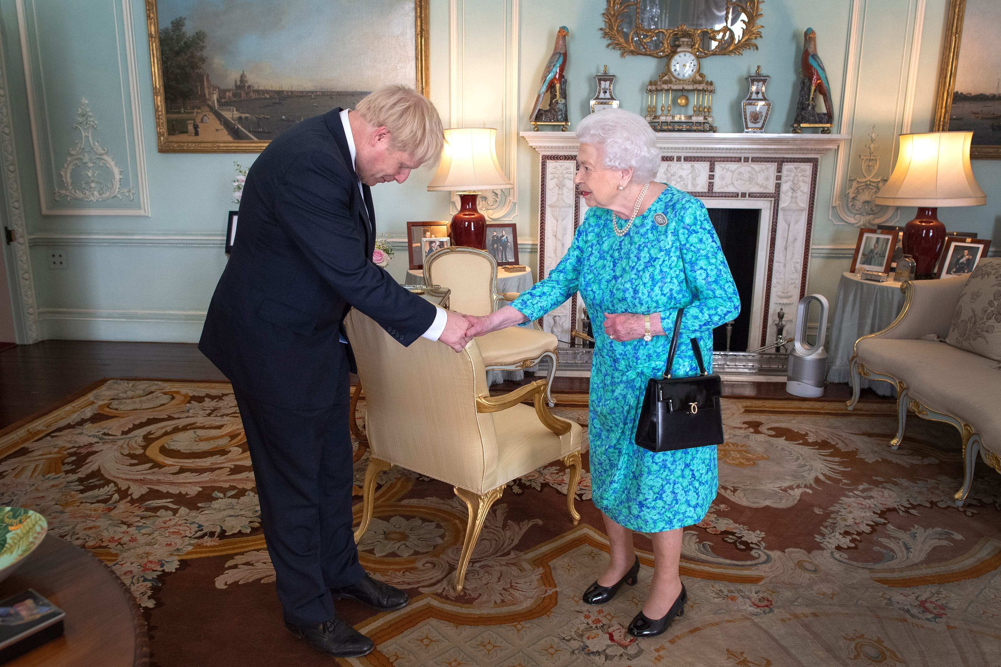 Queen Elizabeth II welcomes newly elected leader of the Conservative party, Boris Johnson, on July 24, 2019, in London, England. (Victoria Jones/WPA Pool/Getty Images)