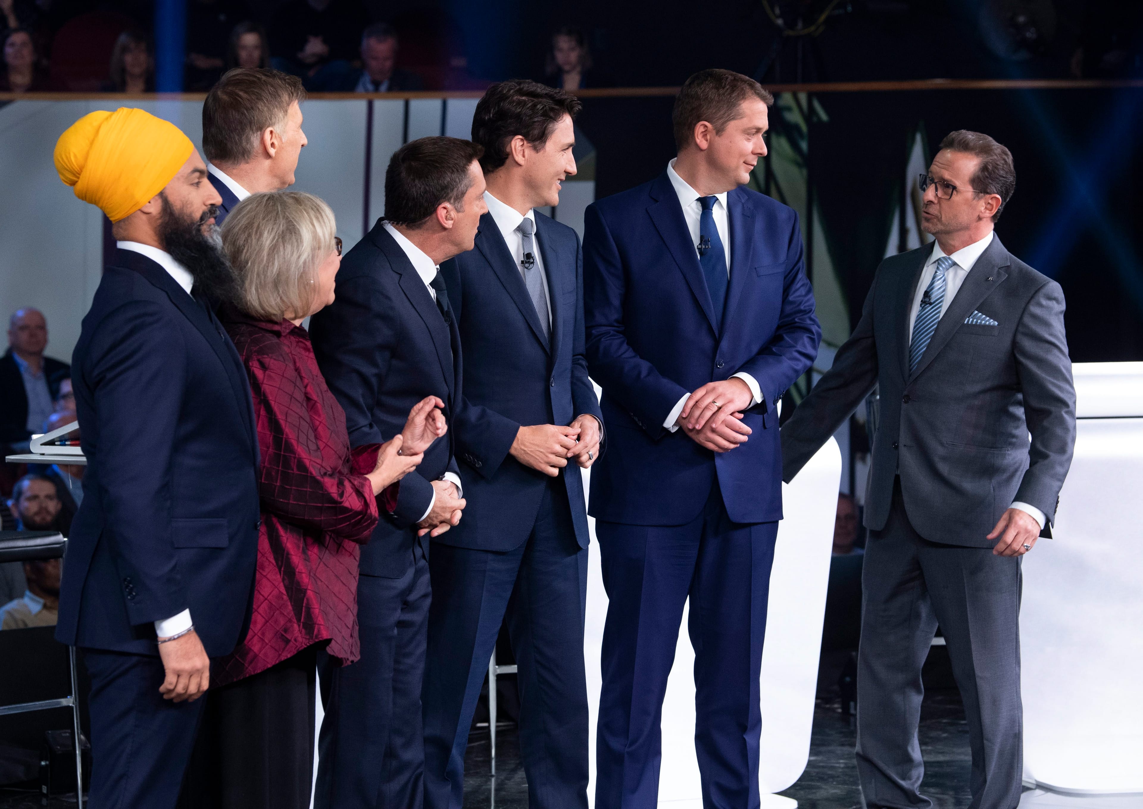 The federal party leaders gather before the second french language debate, in Gatineau, Que. on Oct. 10, 2019 (Adrian Wyld/CP)