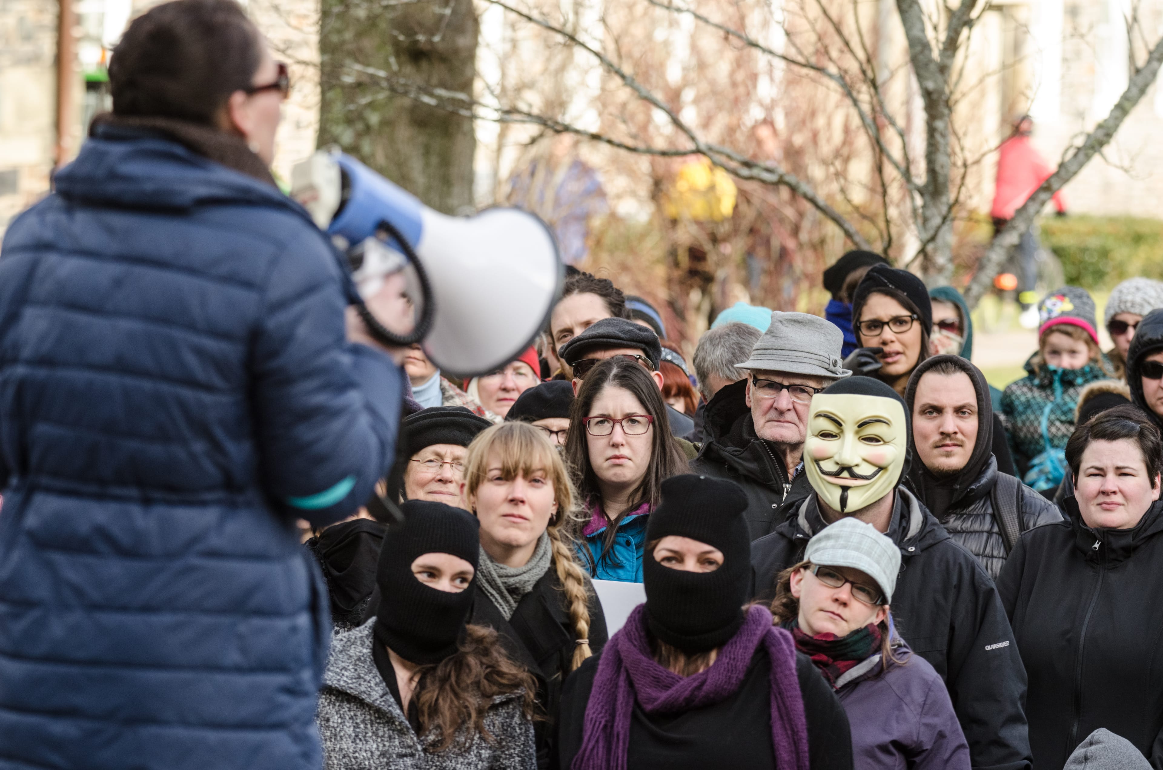 Freedom of speech, Maclean's student survey: Halifax, Canada - December 19, 2014: Protestors listen to speeches outside the Henry Hicks Building at Dalhousie University