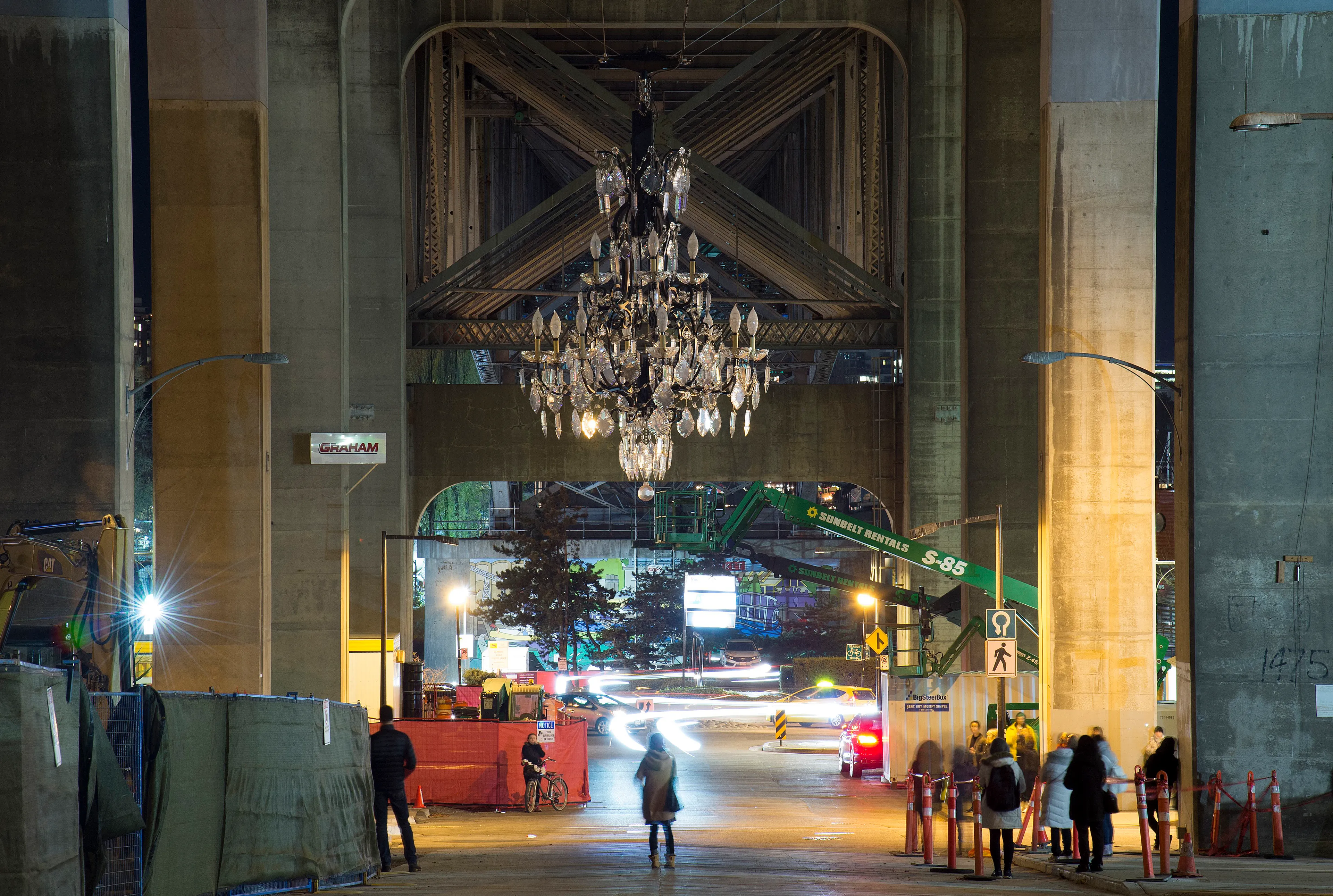 The Spinning Chandelier, an art installation under the Granville Street Bridge in downtown Vancouver, B.C. (Jonathan Hayward/CP)