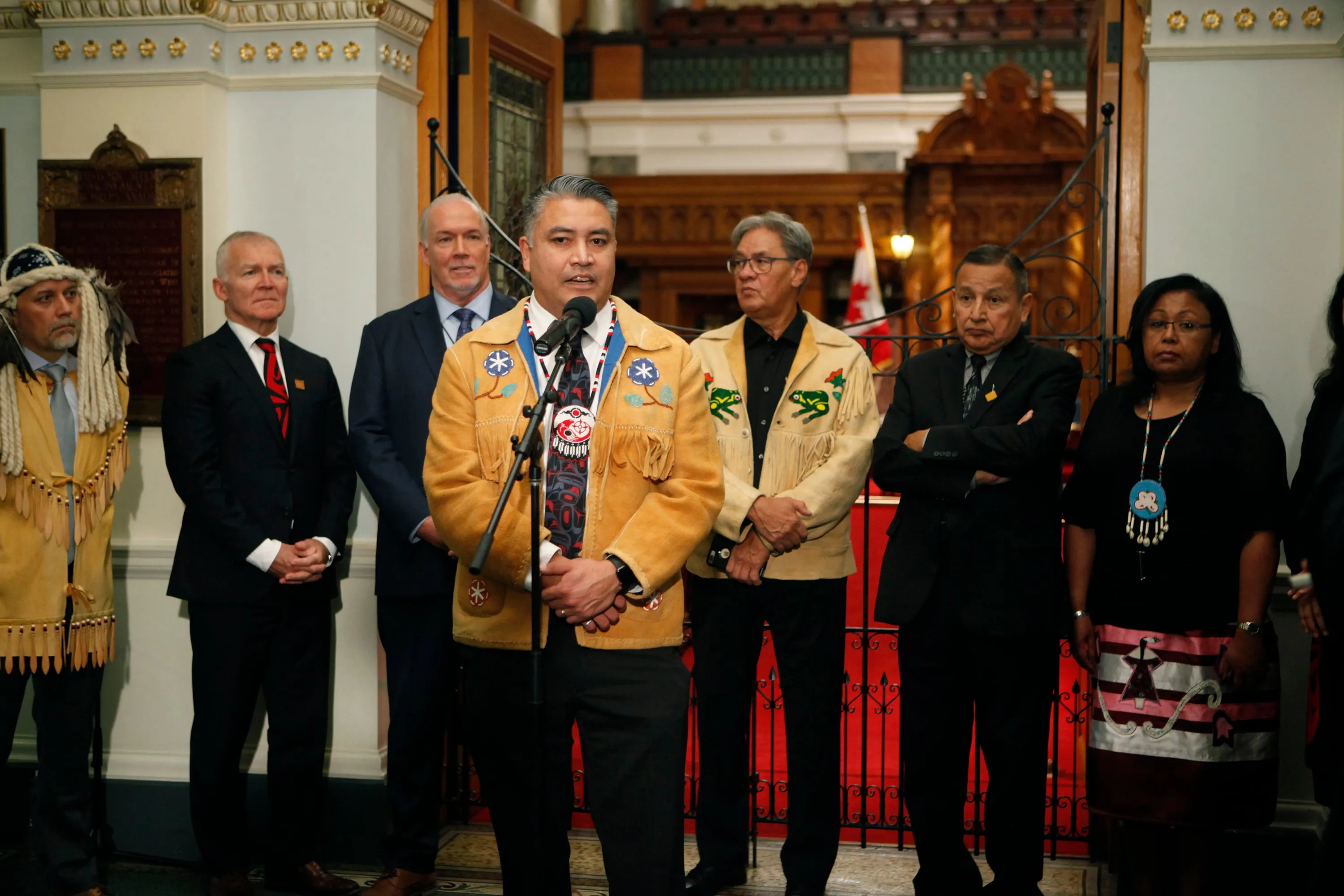 Regional Chief Terry Teegee speaks to the press after Premier John Horgan announced Indigenous human rights will be recognized in B.C. with new legislation during a press conference at the provincial Legislature in Victoria on Oct. 24, 2019. (CP/Chad Hipolito)