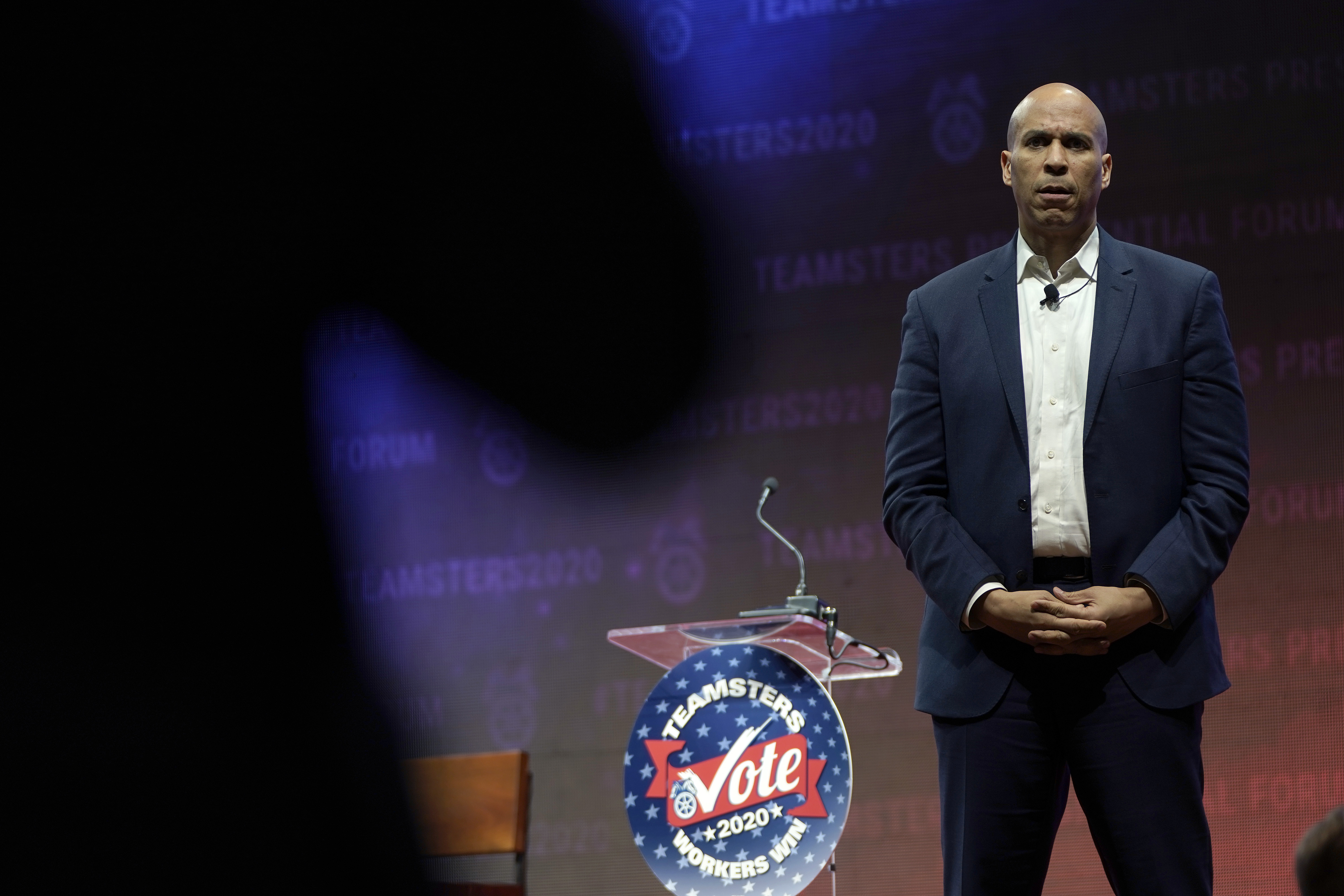 Booker speaking to Teamsters in Cedar Rapids, Iowa last month. He announced his withdrawal on Monday from the Democratic nomination race. (Win McNamee/Getty Images)