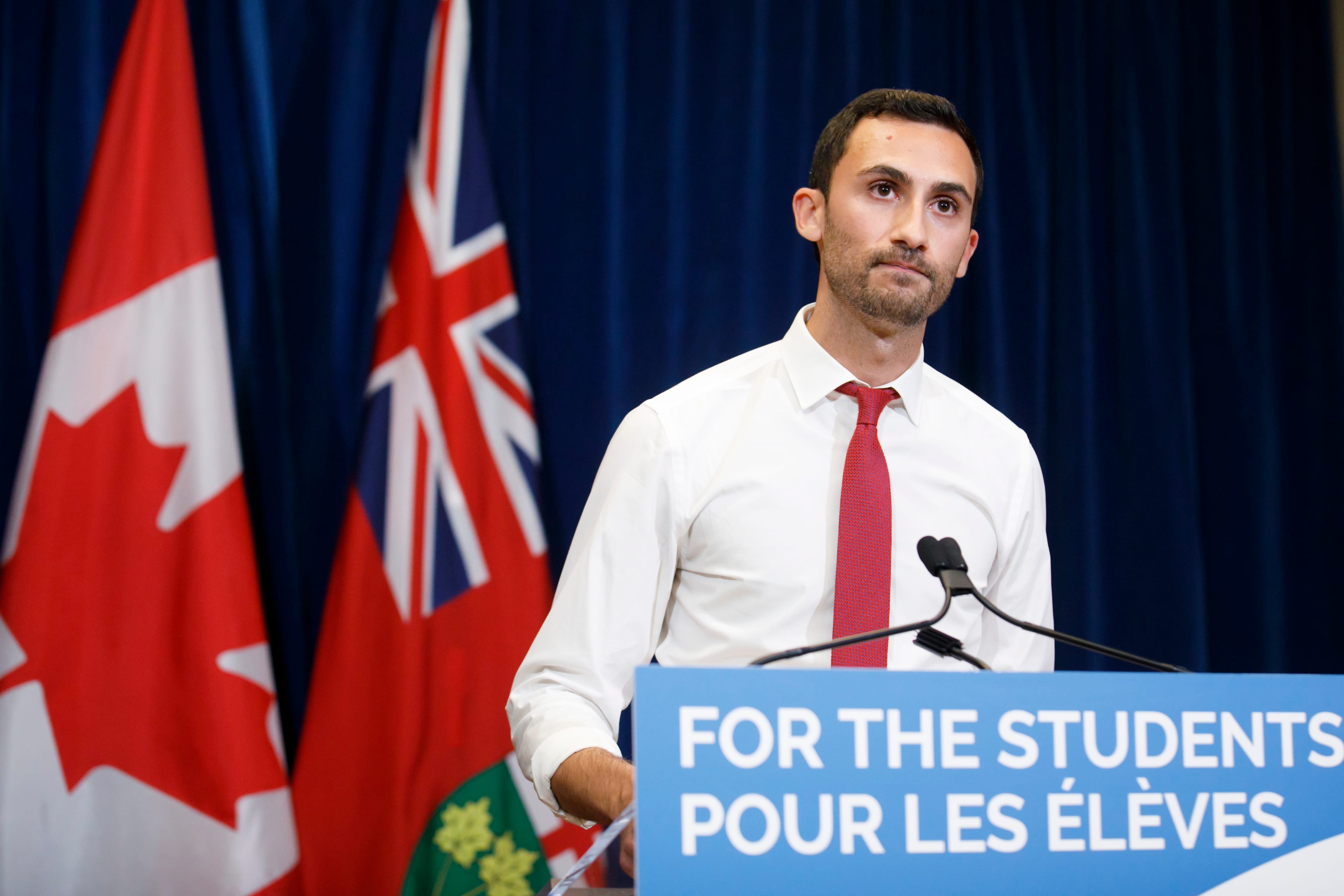 Ontario's minister of education Stephen Lecce speaks during a press conference to announce a tentative deal reached with CUPE in Toronto, Sunday, Oct. 6, 2019. (Cole Burston/CP)