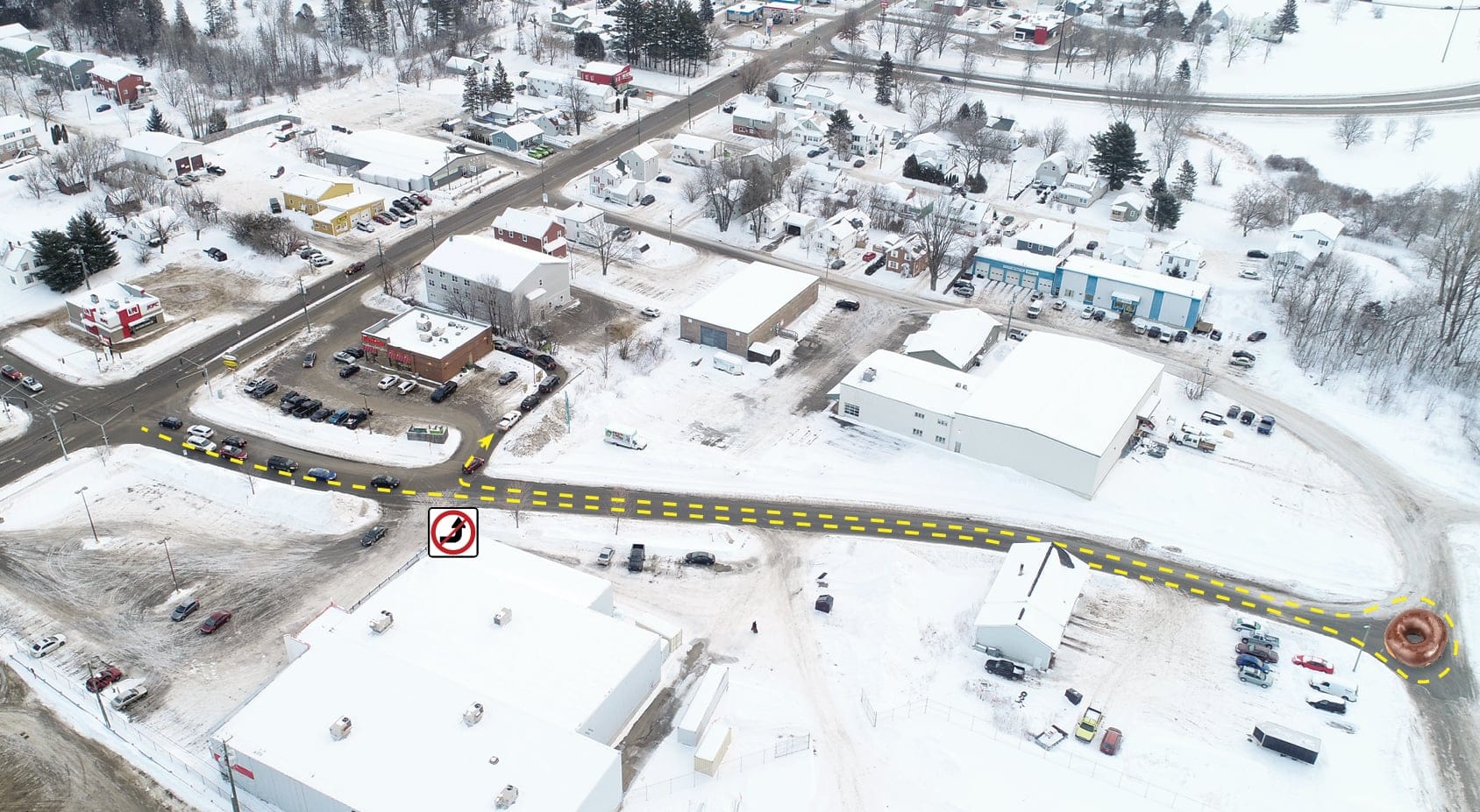 The council-approved solution rerouts cars so they can turn around in what one might call a traffic doughnut (Photograph by Atlantic Drone Imaging; photo illustration by Stephen Gregory)