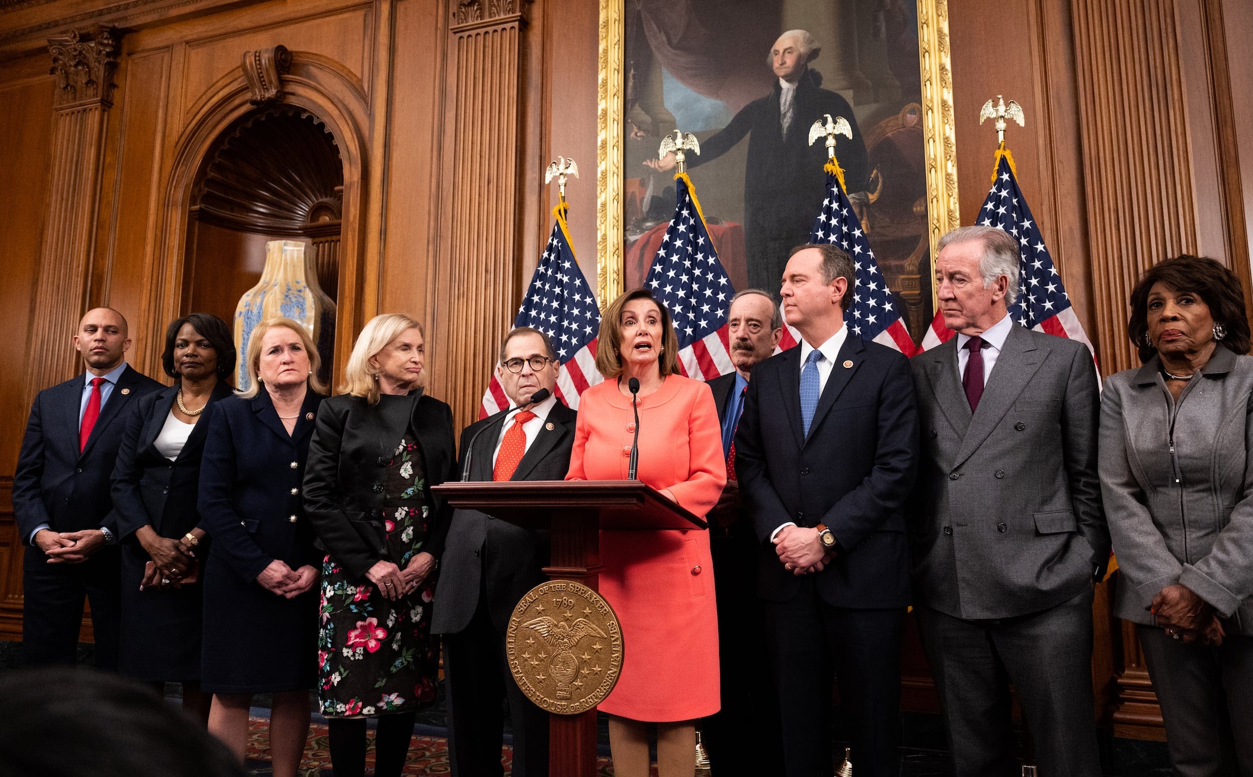 WASHINGTON, UNITED STATES - JANUARY 15 2020: U.S. Representative Nancy Pelosi (D-CA) speaking at the engrossment ceremony for signing of the articles of impeachment.- PHOTOGRAPH BY Michael Brochstein / Echoes Wire/ Barcroft Media (Photo credit should read Michael Brochstein / Echoes Wire / Barcroft Media via Getty Images)