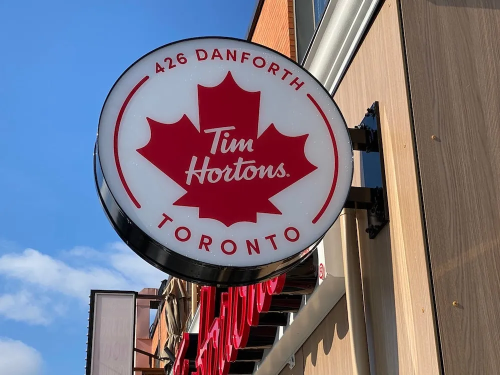 A new Tim Hortons location under development in Toronto features the maple leaf prominently