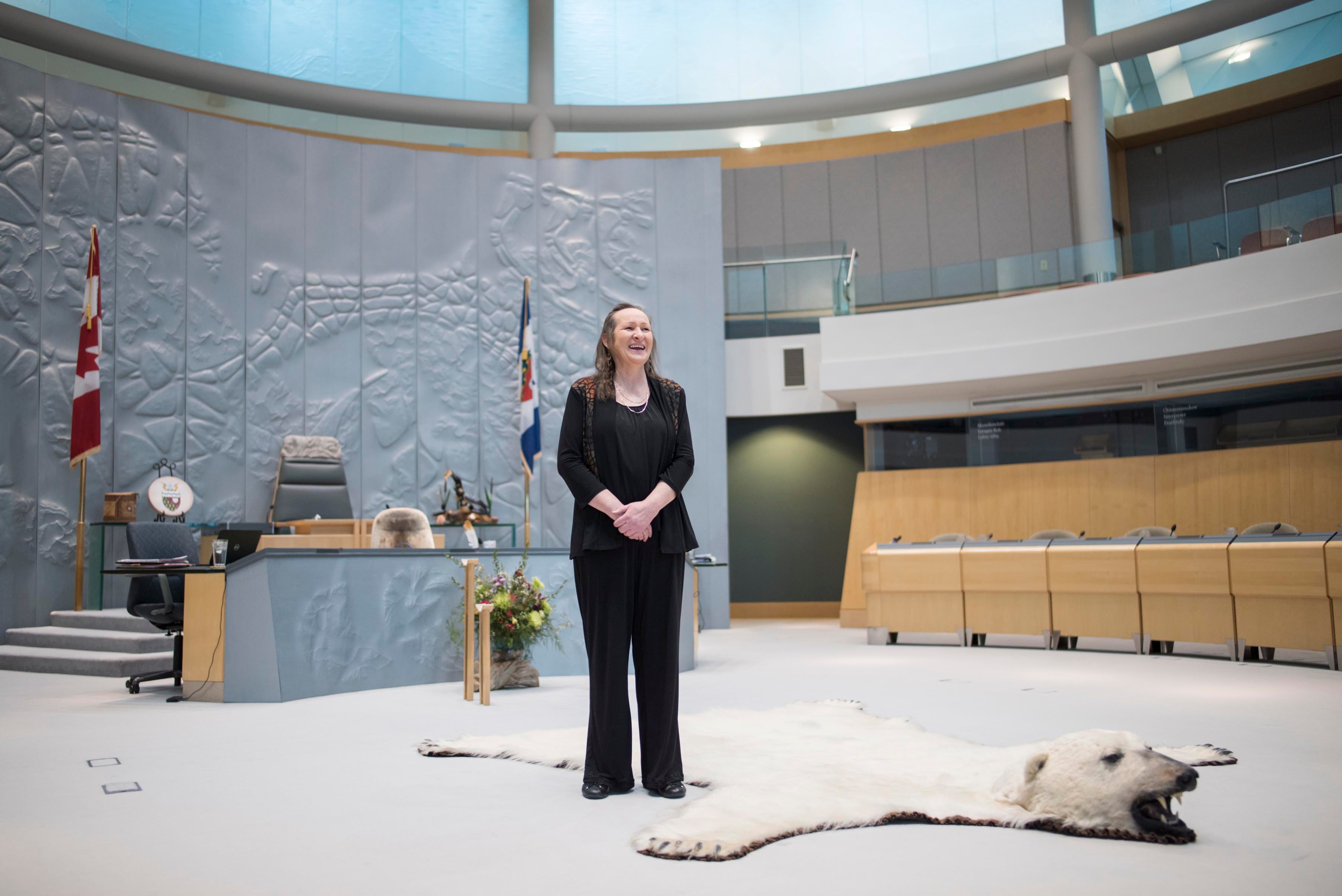 Northwest Territories' premier Caroline Cochrane in the chamber of the NWT Legislative Assembly in Yellowknife. Cochrane is Canada's only female premier whose seven-member cabinet is comprised of five women. Nine of the nineteen MLA's elected for this term are women. (Photograph by Pat Kane)