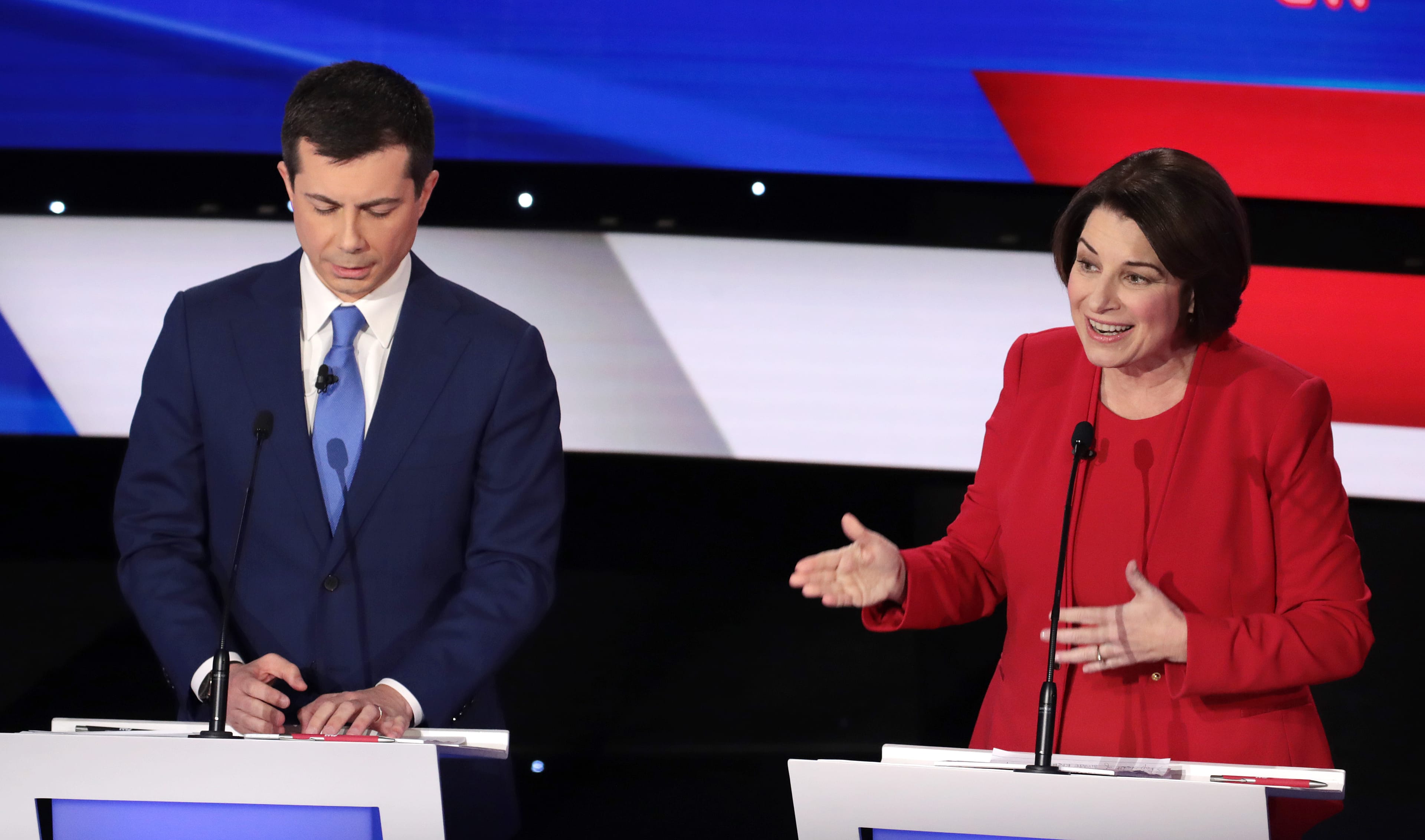 Sen. Amy Klobuchar (D-MN) makes a point as former South Bend, Indiana Mayor Pete Buttigieg listens during the Democratic presidential primary debate at Drake University on Jan. 14, 2020 in Des Moines, Iowa. (Scott Olson/Getty Images)