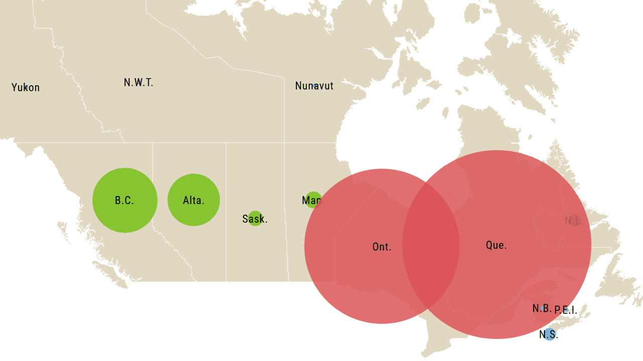 A heat map of coronavirus cases in Canada