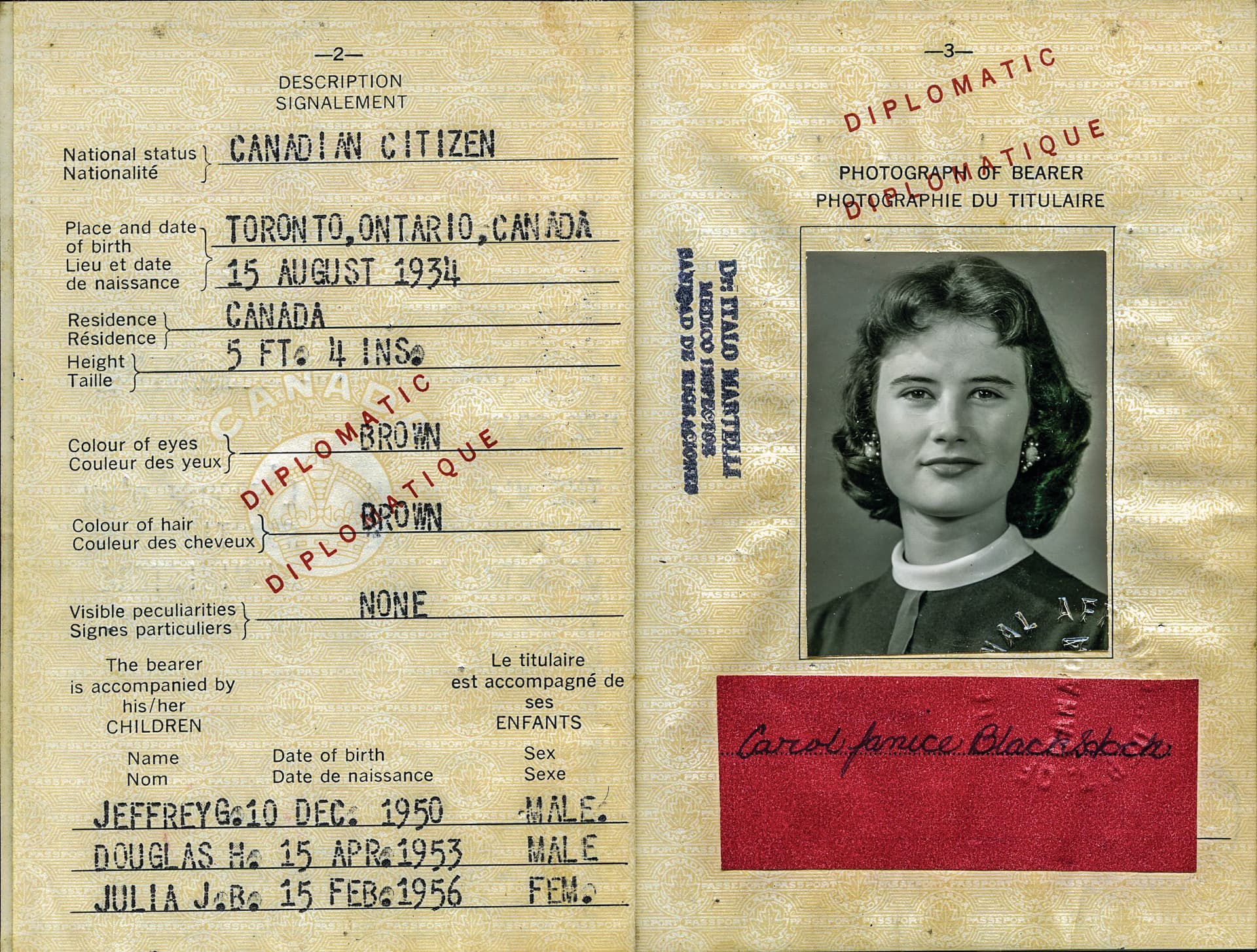 Carol’s diplomatic passport, found in her husband’s papers after his death (Courtesy of Penguin Random House Canada)
