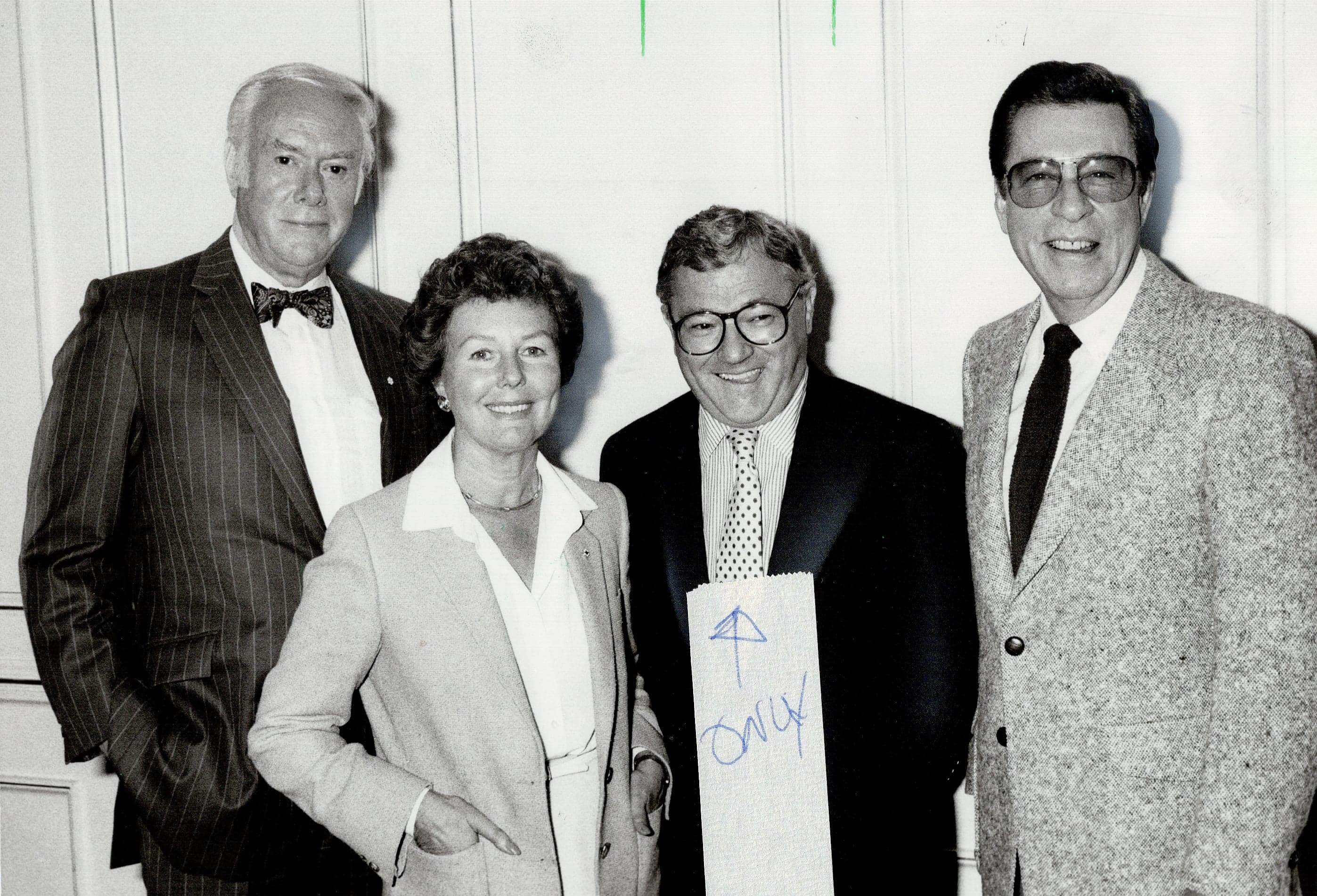 CANADA - SEPTEMBER 24: Mystery panelist unveiled: The new lineup of CBC-TV's popular Front Page Challenge includes political columnist Allan Fotheringham (second from right). After many guest appearances on the show; Fotheringham becomes a regular; replacing the late Gordon Sinclair. Pierre Berton; Betty Kennedy and Fred Davis (right) welcomed him yesterday at a CBC news conference. (Photo by David Cooper/Toronto Star via Getty Images)