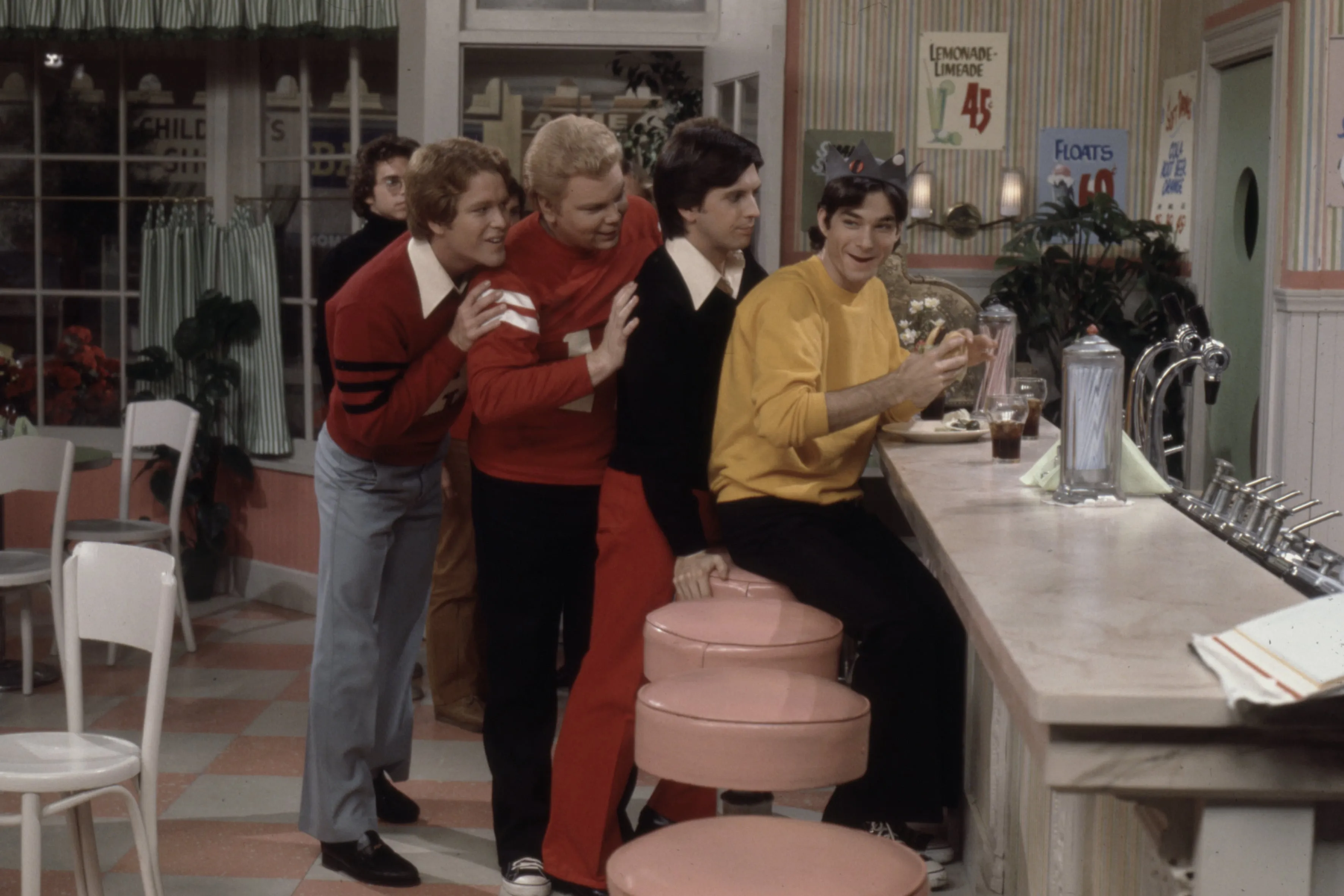 1976: (L-R) Dennis Bowen as Archie, Jim Boelsen as Moose, Mark Winkworth as Reggie, Derrel Maury as Jughead, appearing in the ABC tv series 'ABC Saturday Comedy Special' episode 'Archie'. (Walt Disney Television/Getty)