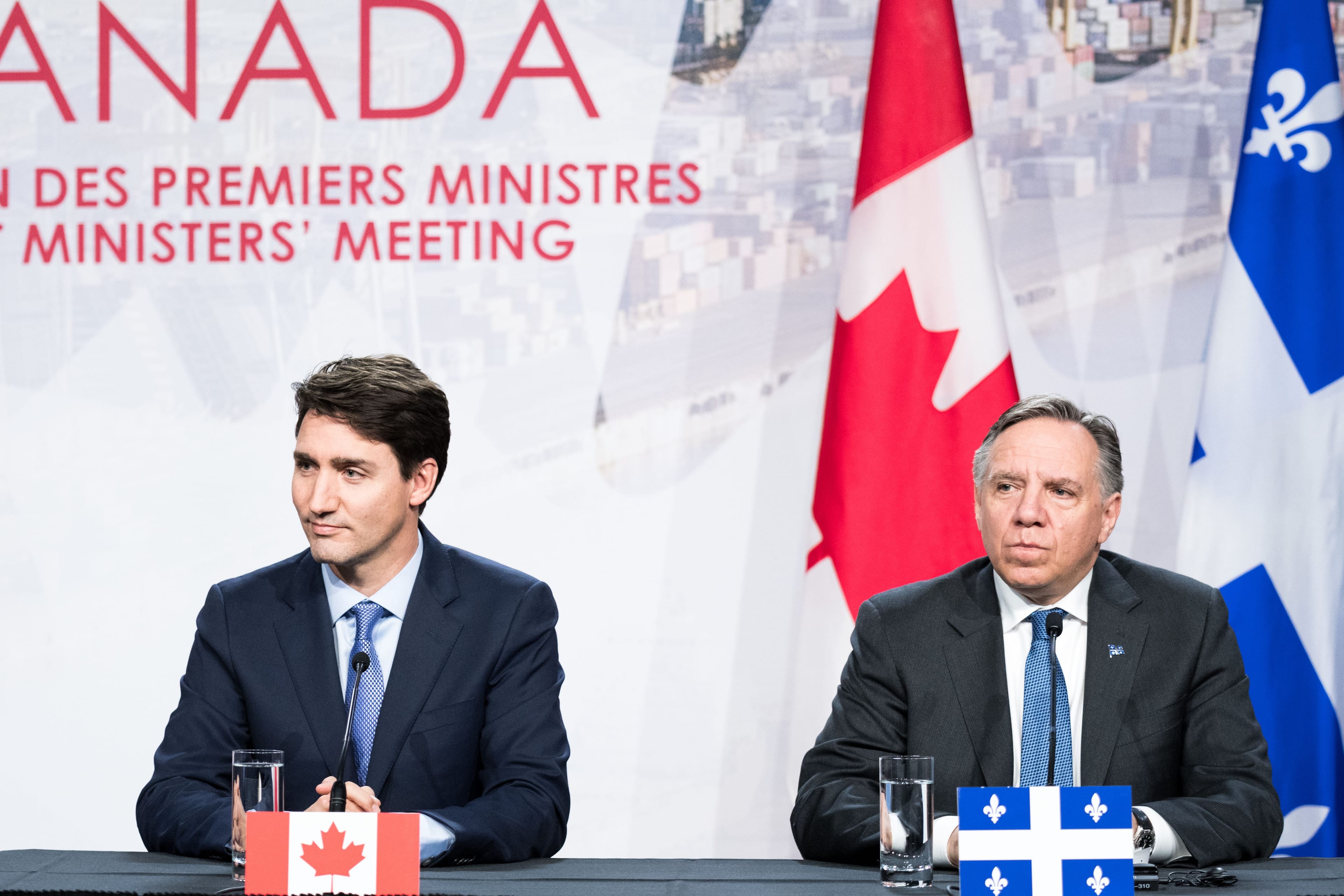 Trudeau sits with Legault during a meeting in Montreal on Dec. 7, 2018 (MARTIN OUELLET-DIOTTE/AFP via Getty Images)
