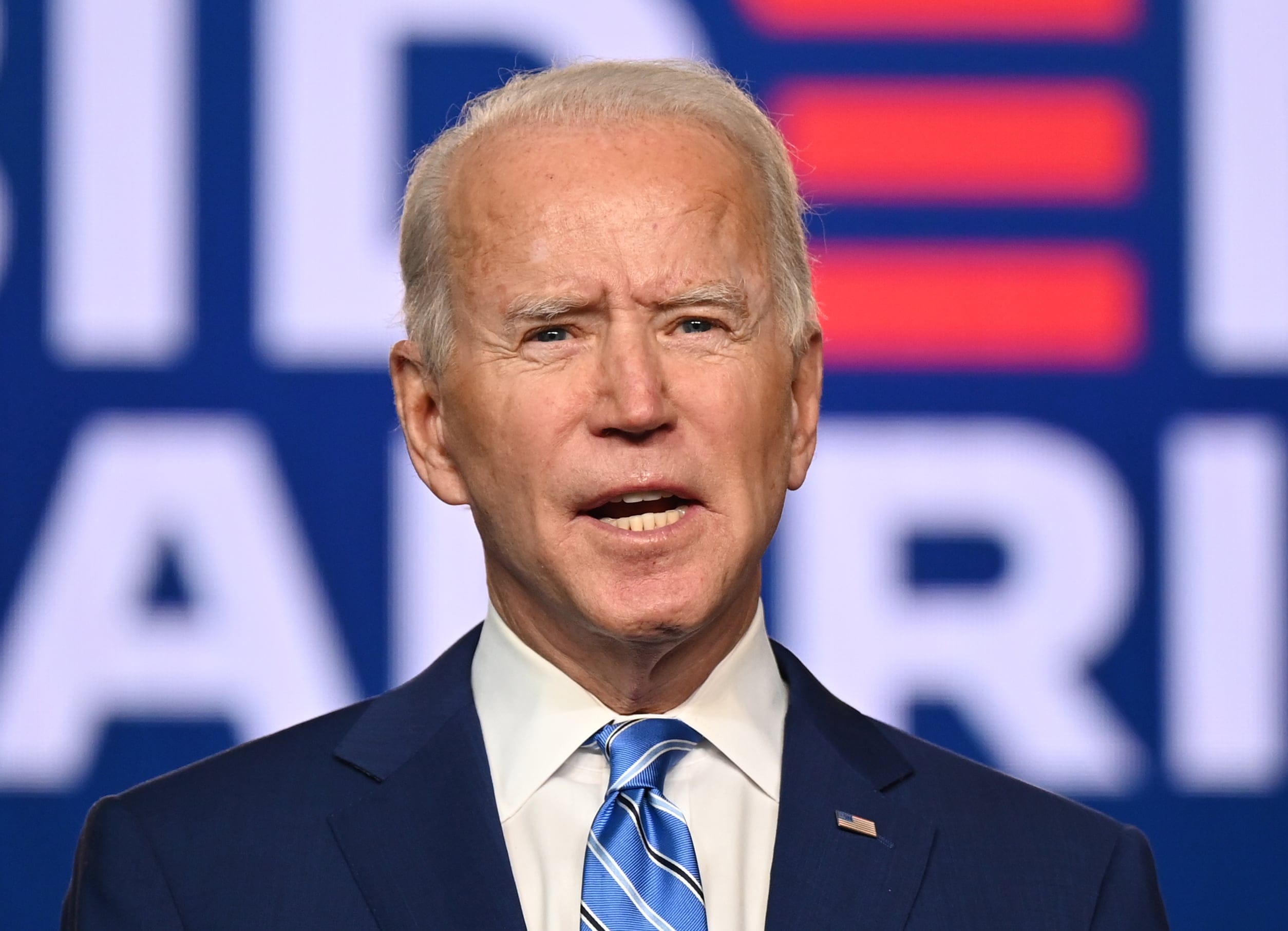 Democratic Presidential candidate Joe Biden speaks at the Chase Center in Wilmington, Delaware on November 4, 2020. - President Donald Trump and Democratic challenger Joe Biden are squaring off for what could be a legal battle for the White House, running neck-and-neck in the electoral vote count, and several battleground states still in play on November 4. (Photo by JIM WATSON / AFP) (Photo by JIM WATSON/AFP via Getty Images)