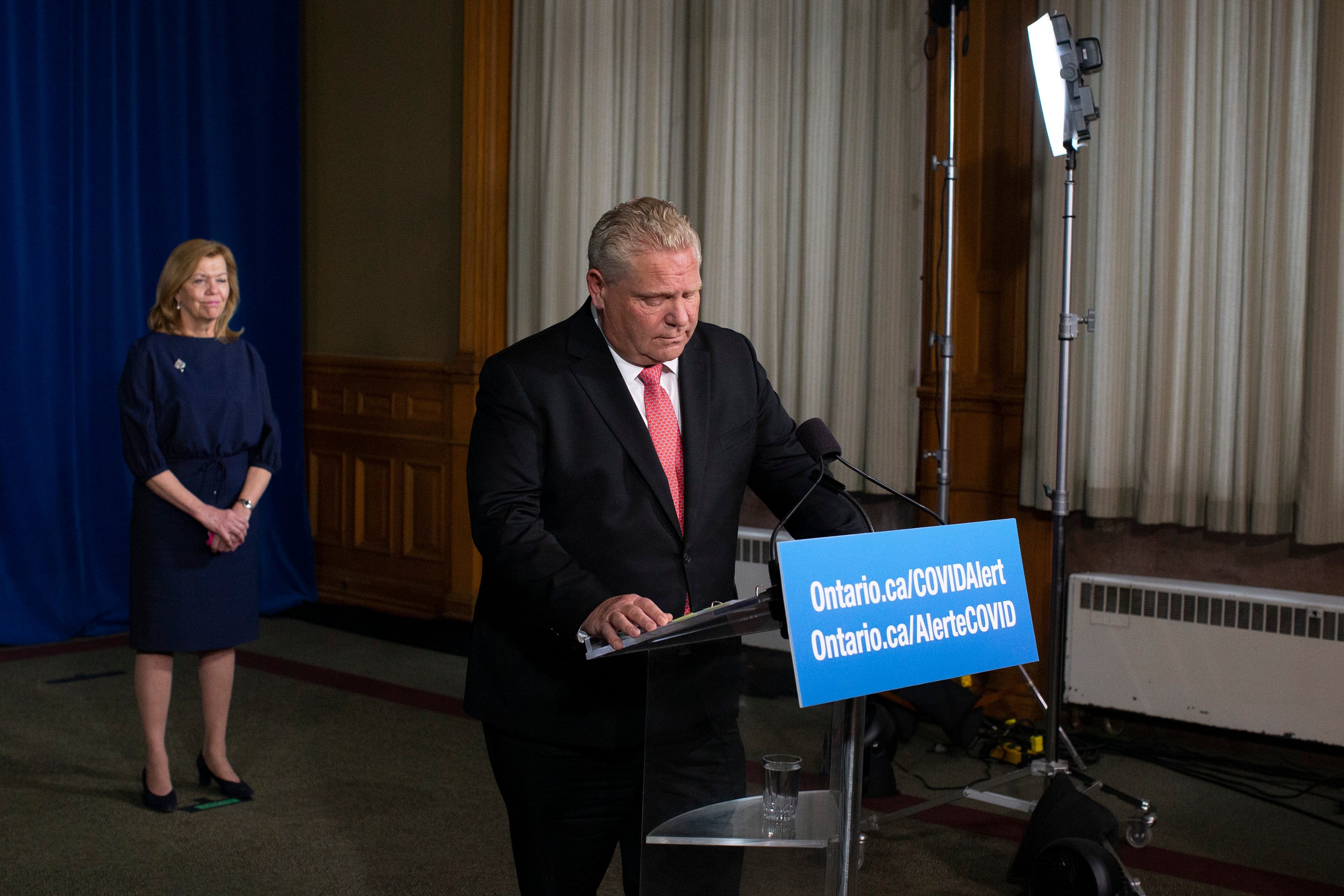 Ontario Premier Doug Ford and Health Minister Christine Elliott attend a news conference at the Ontario Legislature in Toronto on Wednesday, November 25, 2020. THE CANADIAN PRESS/Chris Young