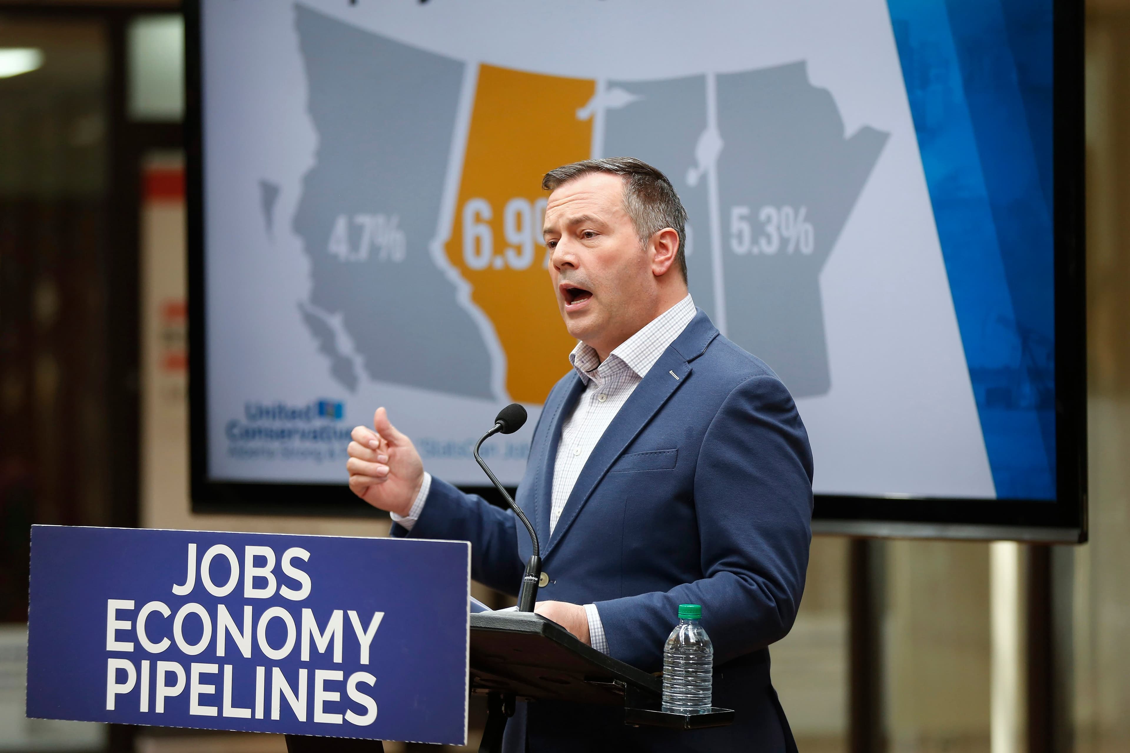 Jason Kenney, leader of the United Conservative Party, speaks during a news conference in Calgary, Alberta, Canada, on Friday, April 5, 2019. Kenney said he would create a C$1 billion ($750 million) crown corporation to support Indigenous resource projects including pipelines if he's elected to lead Alberta's government this month, according to an emailed statement. (Todd Korol/Bloomberg/Getty Images)