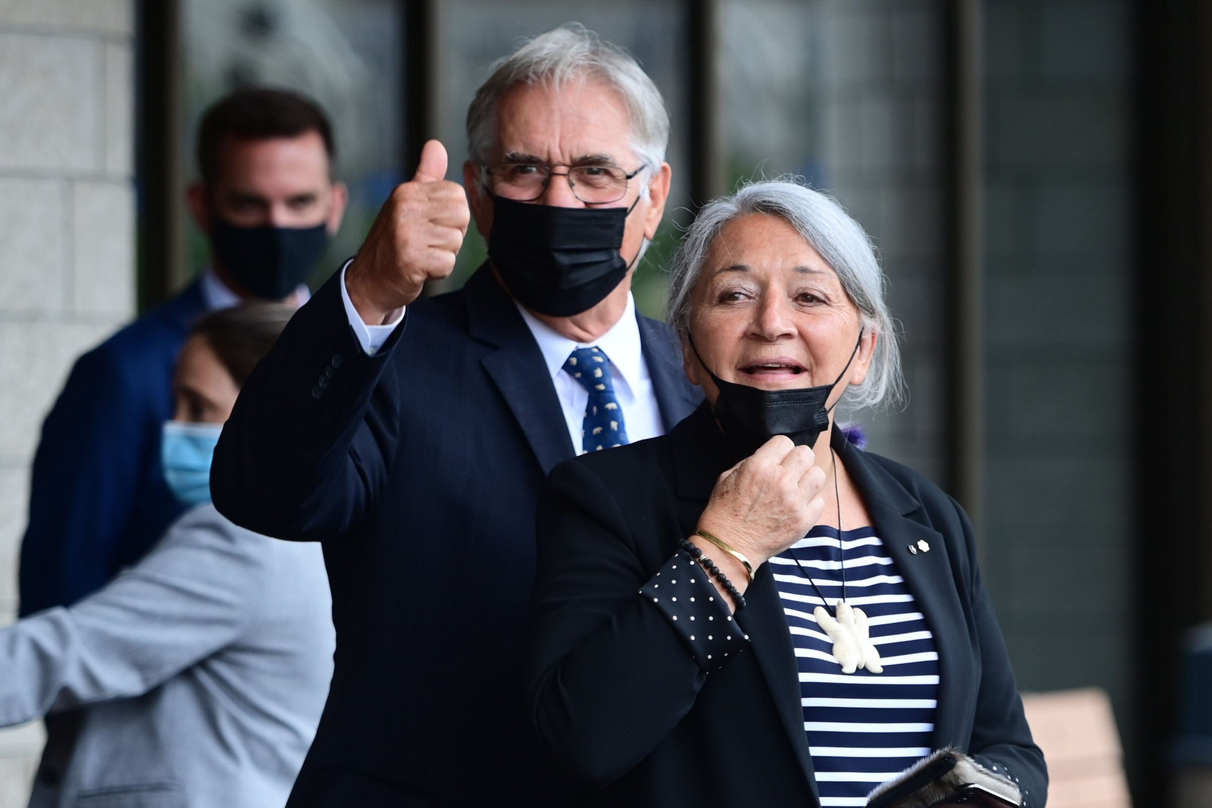 Mary Simon and her husband Whit Fraser leave after the announcement at the Canadian Museum of History in Gatineau that Simon, an Inuk leader and former Canadian diplomat, has been named as Canada's next governor general — the first Indigenous person to serve in the role. (Sean Kilpatrick/CP)