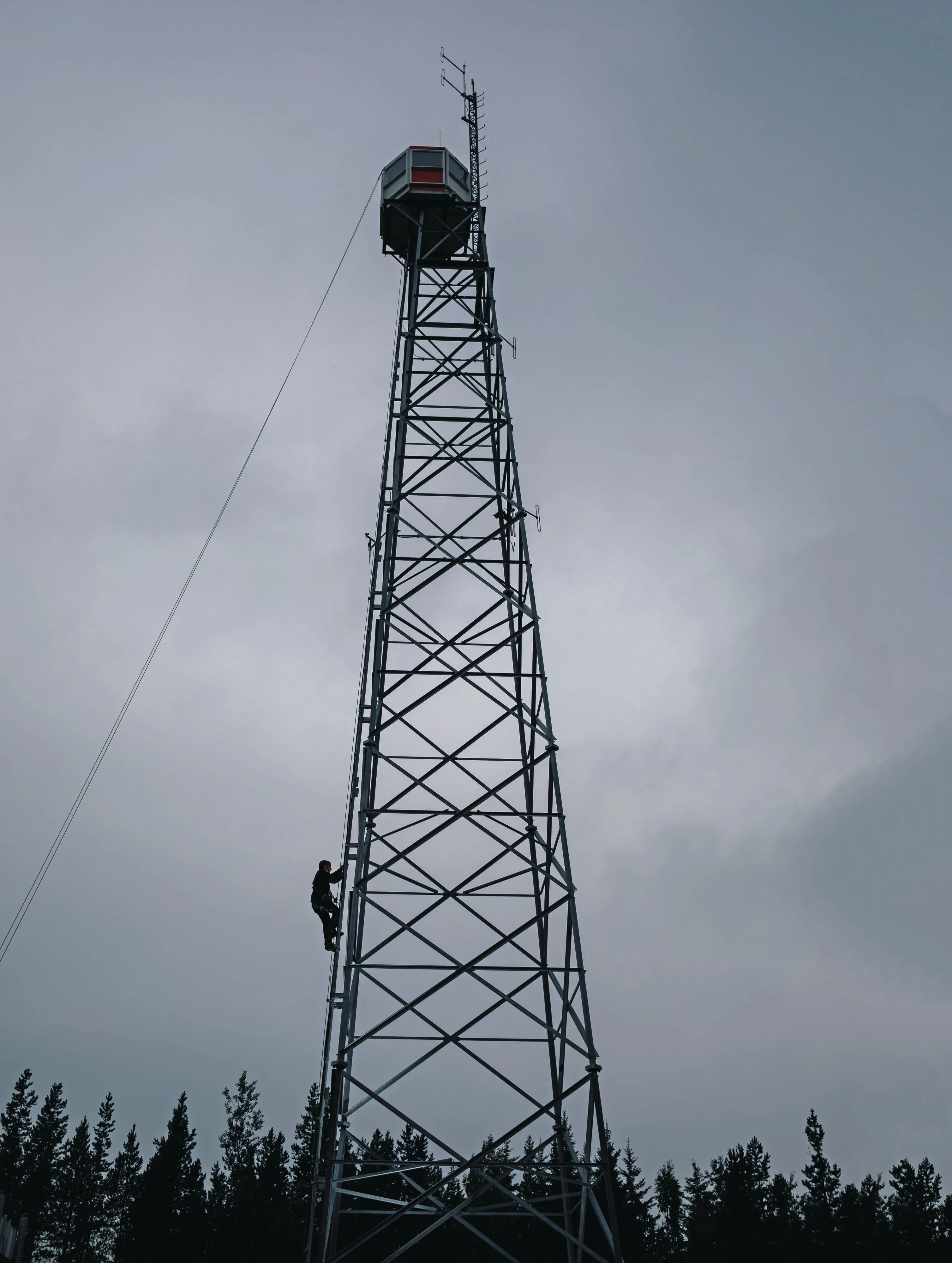 Champagne ascends the 30-m ladder to his lookout perch (Photograph by Amber Bracken)