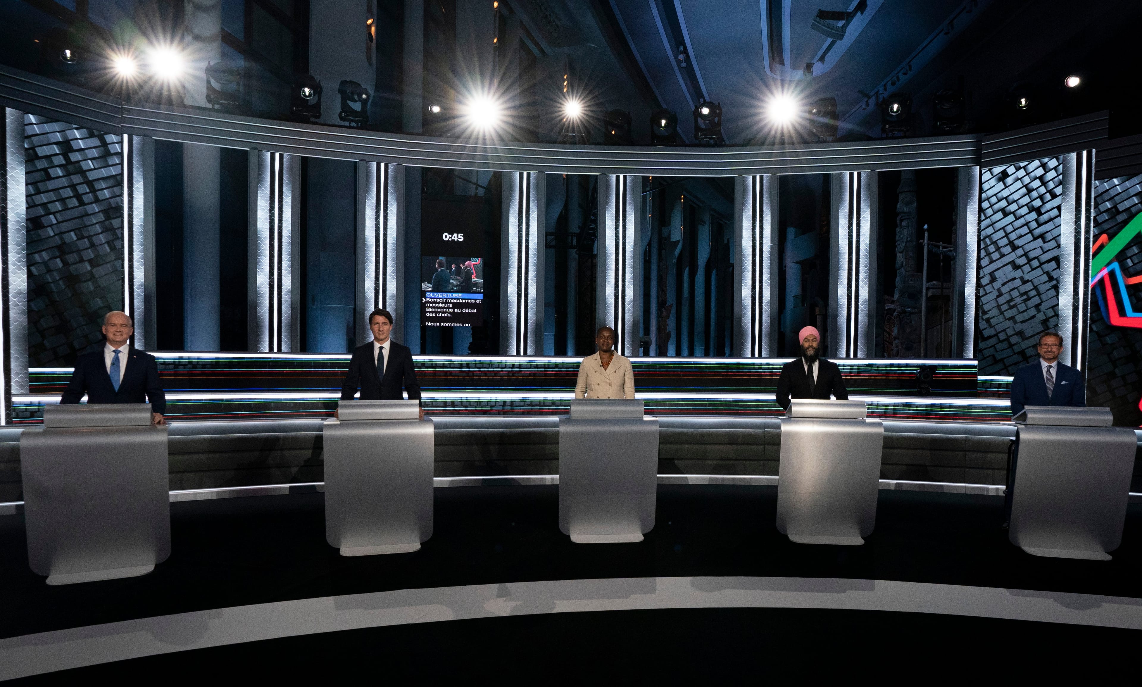 Conservative leader Erin O'Toole, Liberal leader Justin Trudeau, Green leader Annammie Paul, New Democratic Party leader Jagmeet Singh and Bloc leader Yves-Francois Blanchet stand at their podiums before the federal election French-language leaders debate, Wednesday, September 8, 2021 in Gatineau, Que. THE CANADIAN PRESS/Adrian Wyld