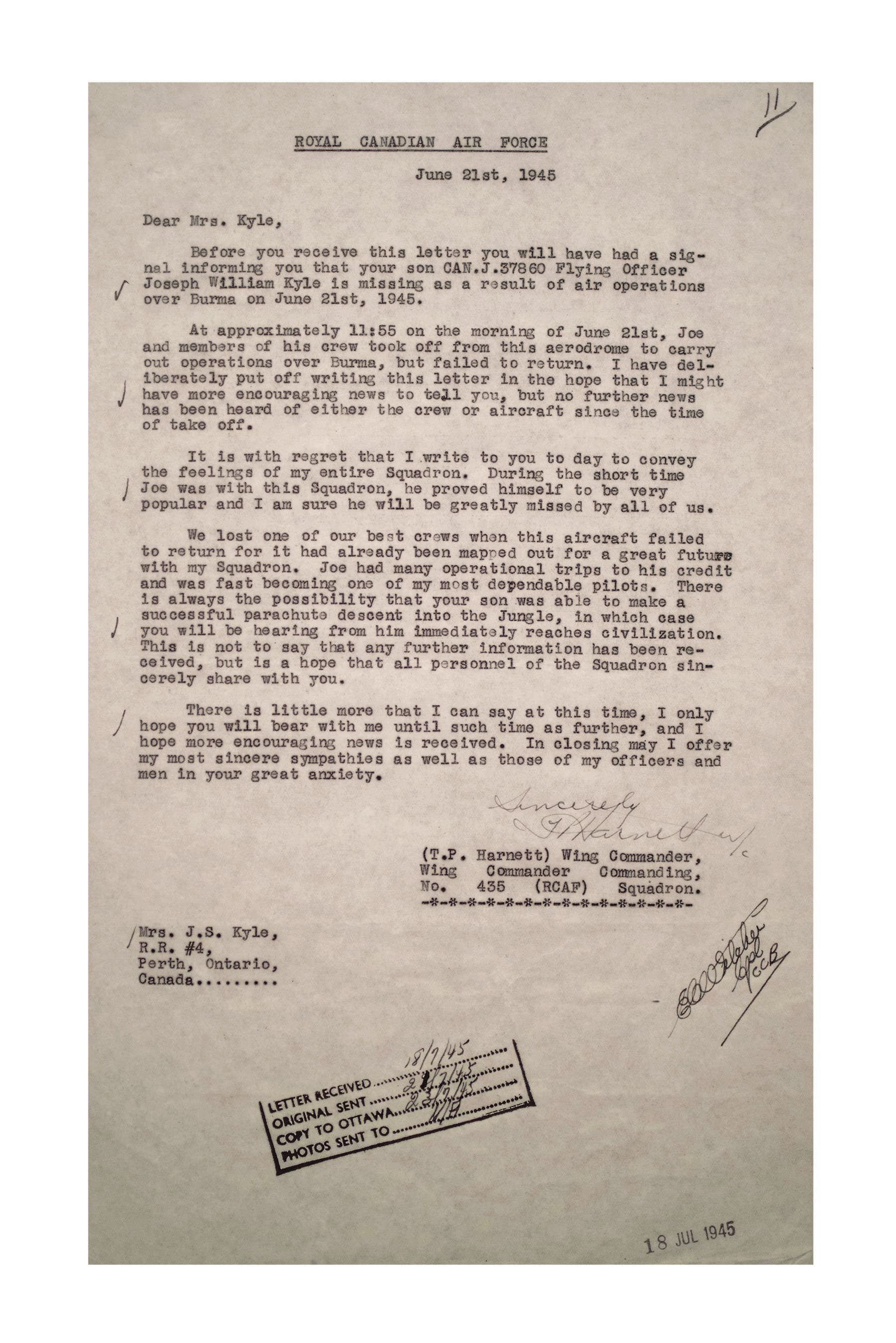 A letter informing Will Kyle's mother of his disappearance. (However there was an accidental flip of his first and middle names, calling him "Joe" throughout.) Will's mother was advised to await further information - an agonizing period of anxiety and uncertainty. (Photograph by Shelby Lisk)