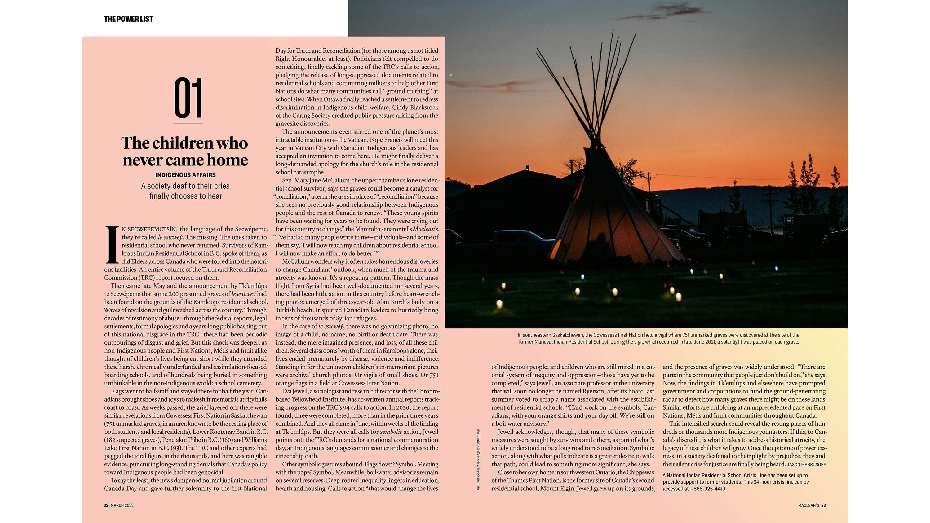#01 of the Maclean's 2022 Power List: The children who never came home.